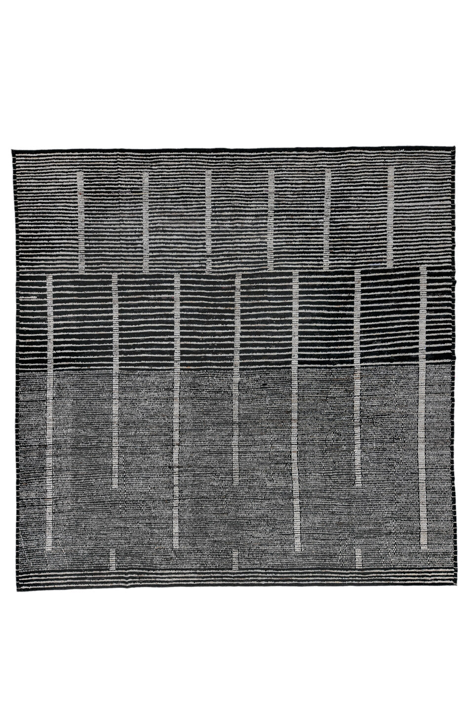 13' x 13' one-of-a-kind handmade vintage Tulu oversize rug. Color palette: black, blue, charcoal, dark gray, dim gray