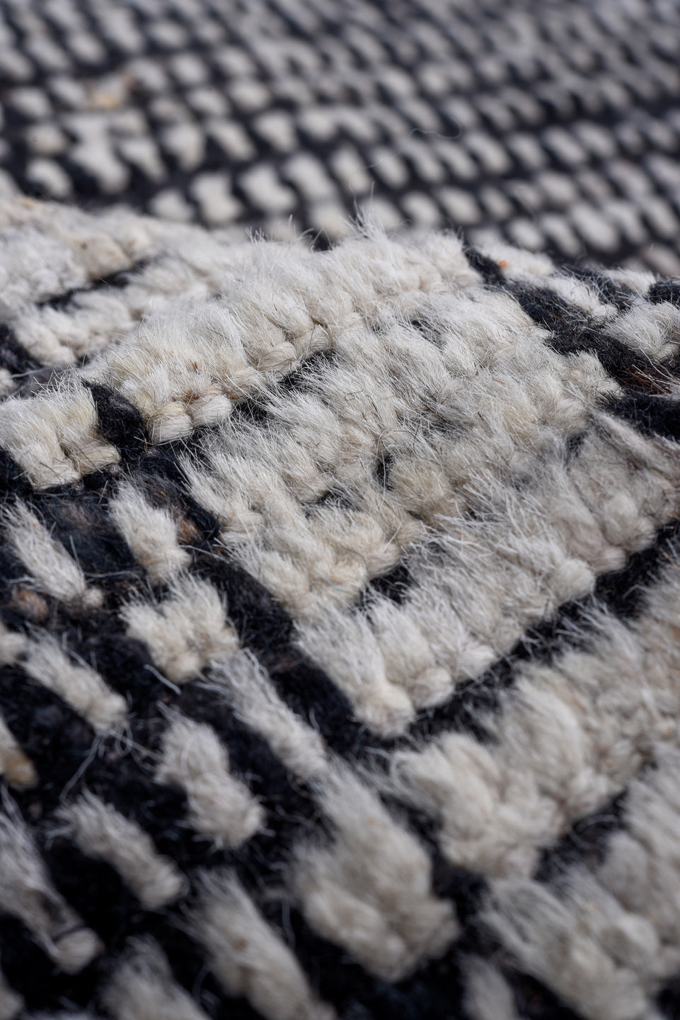 13' x 13' one-of-a-kind handmade vintage Tulu oversize rug. Color palette: charcoal, ivory, gray, black
