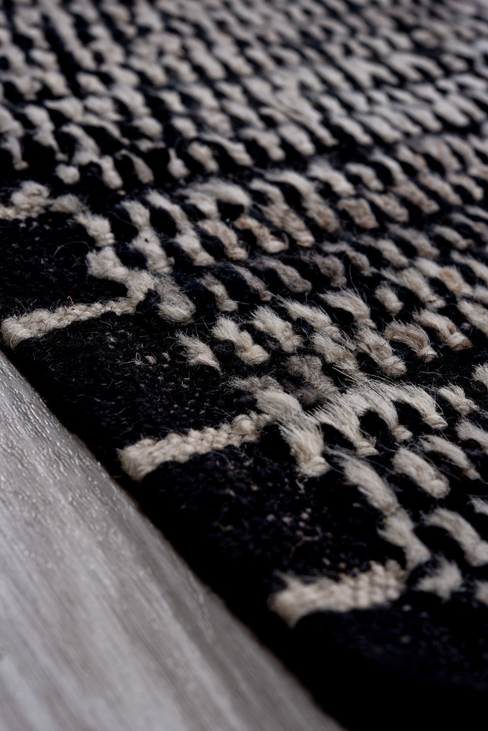 13' x 13' one-of-a-kind handmade vintage Tulu oversize rug. Color palette: charcoal, ivory, gray, black