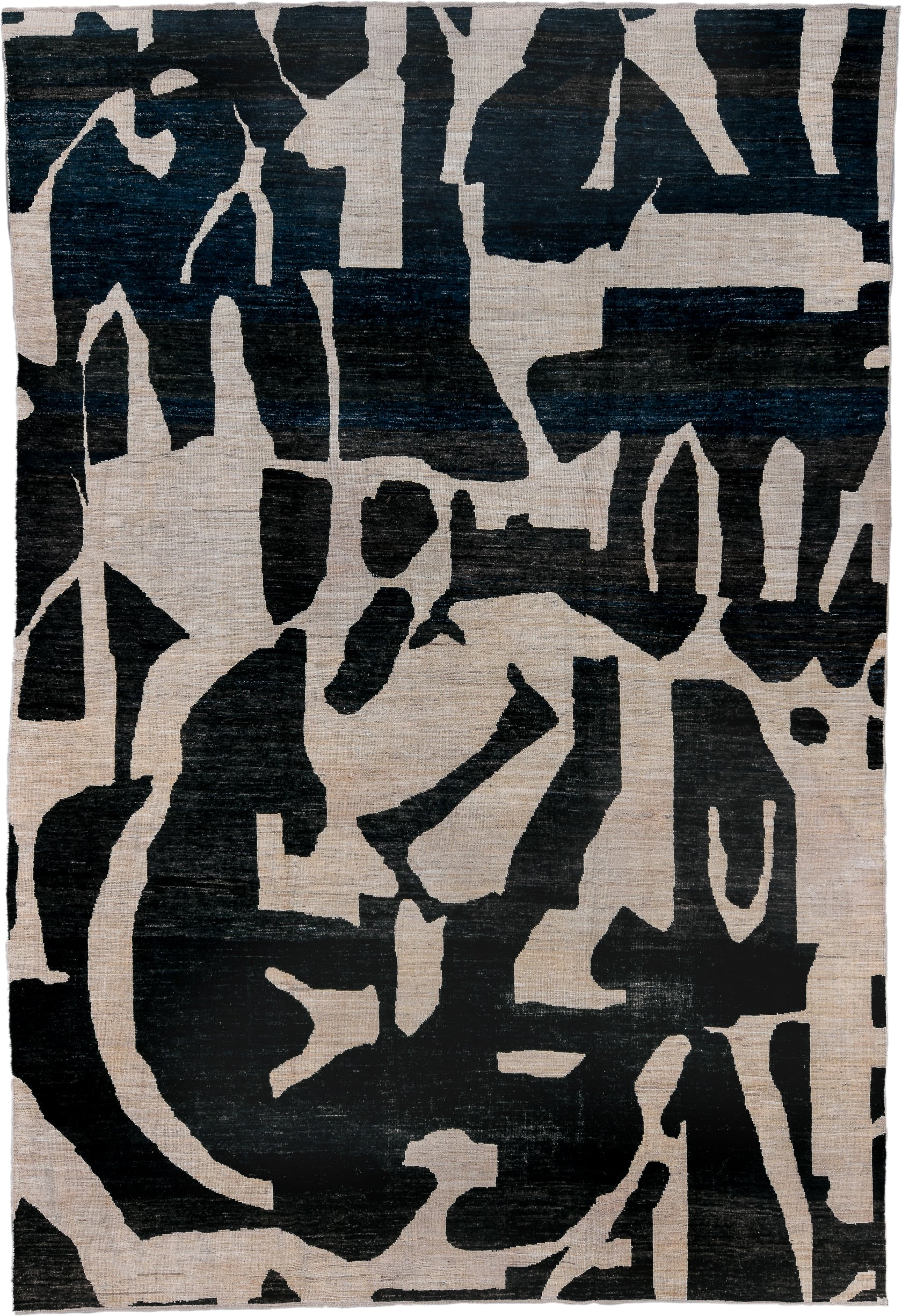 10' x 14' one-of-a-kind handmade vintage Tulu rug. Color palette: ivory, charcoal, black, slate, gray