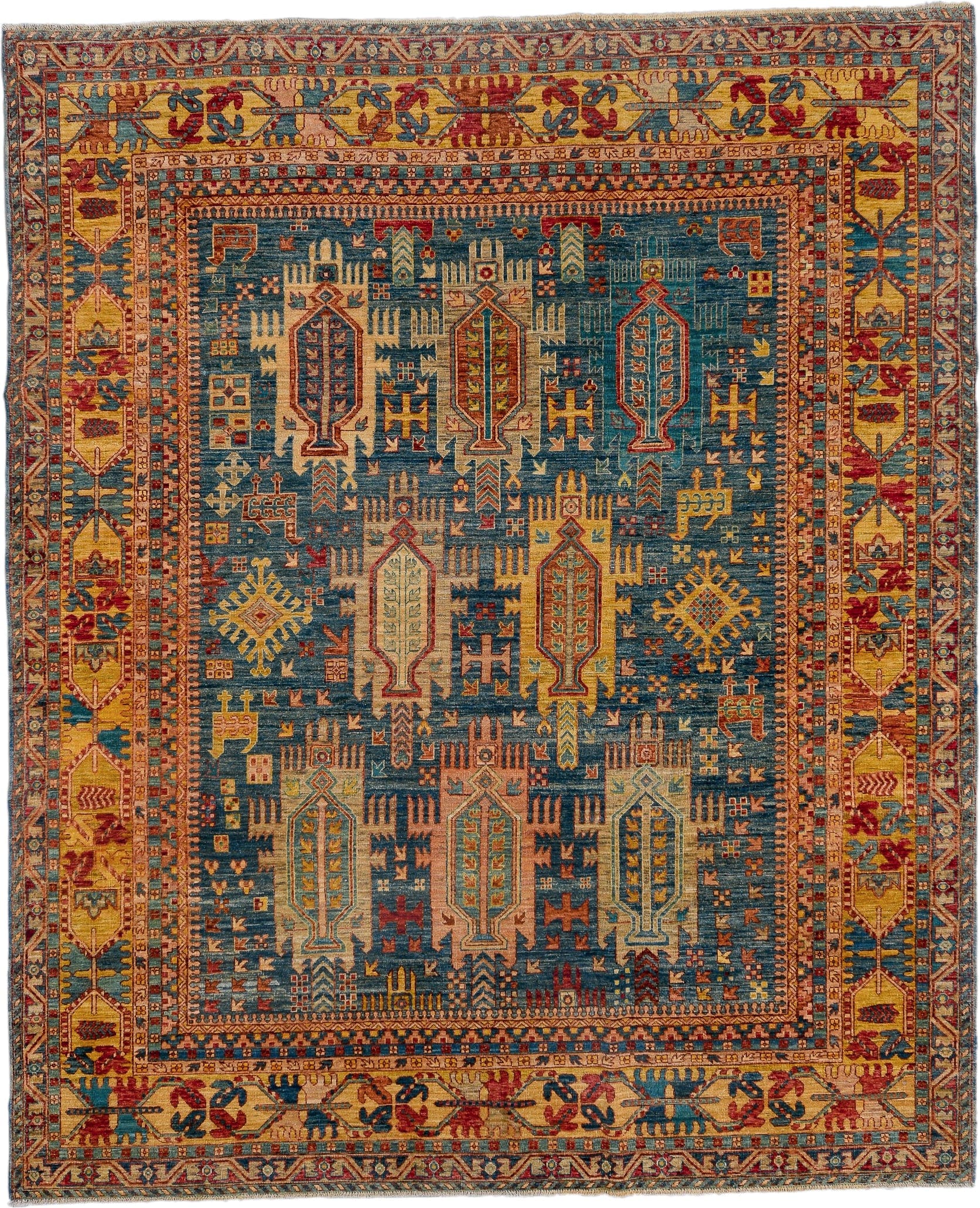 8' x 9' one-of-a-kind handmade vintage Afghan rug. Color palette: blue, gold, rust, ivory, teal, crimson, camel, brown