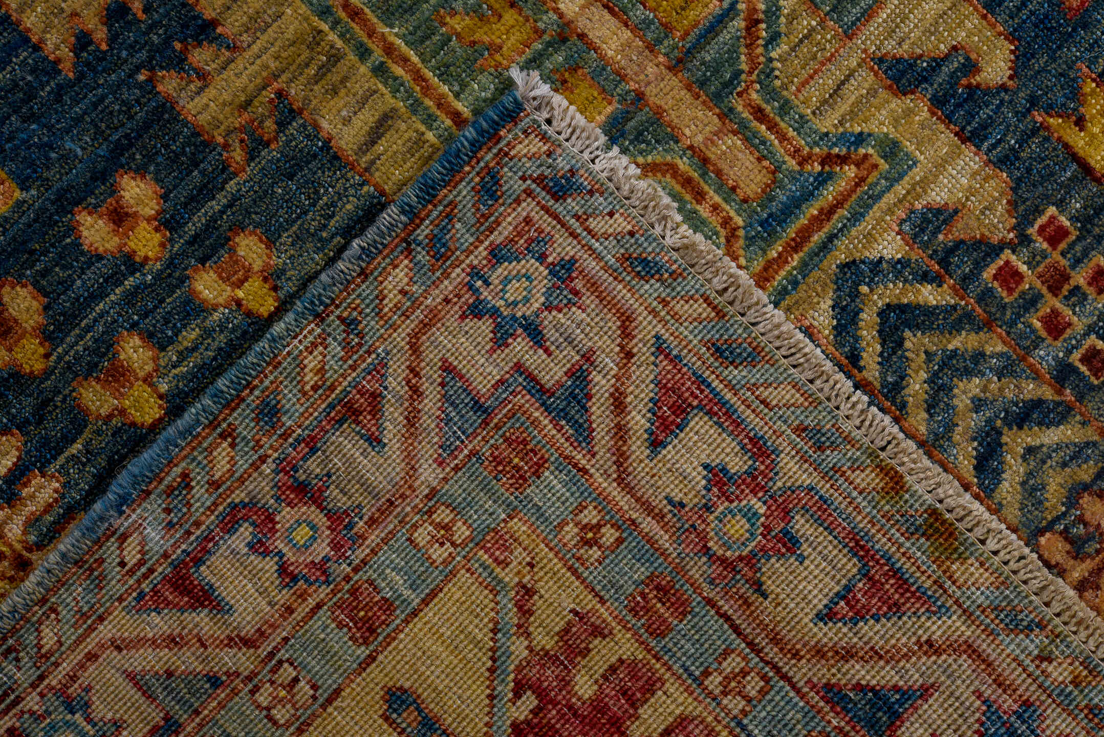 8' x 9' one-of-a-kind handmade vintage Afghan rug. Color palette: blue, gold, rust, ivory, teal, crimson, camel, brown