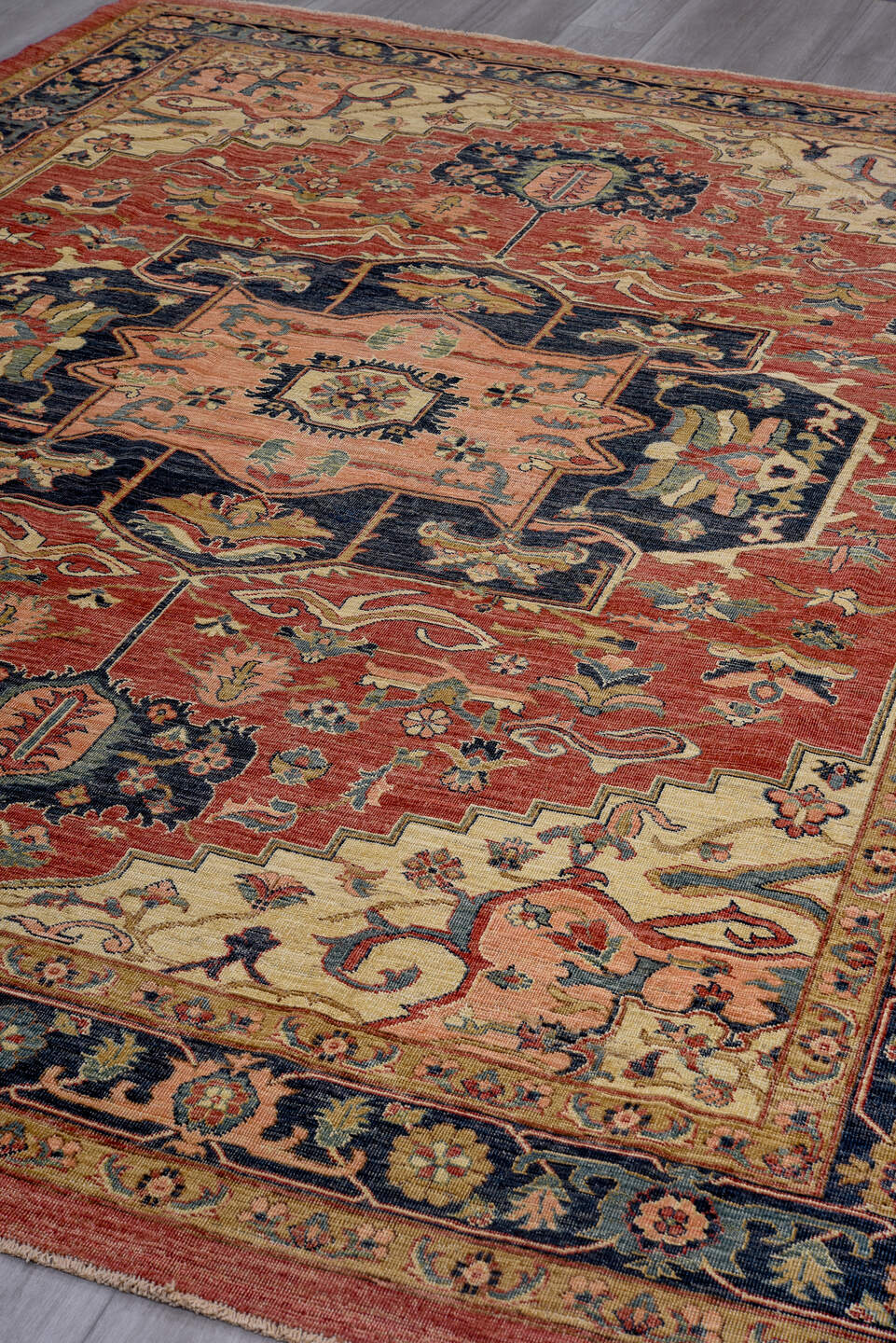 8' x 10' one-of-a-kind handmade vintage Afghan large size rug. Color palette: rust, navy, ivory, rose, camel, sage, gold