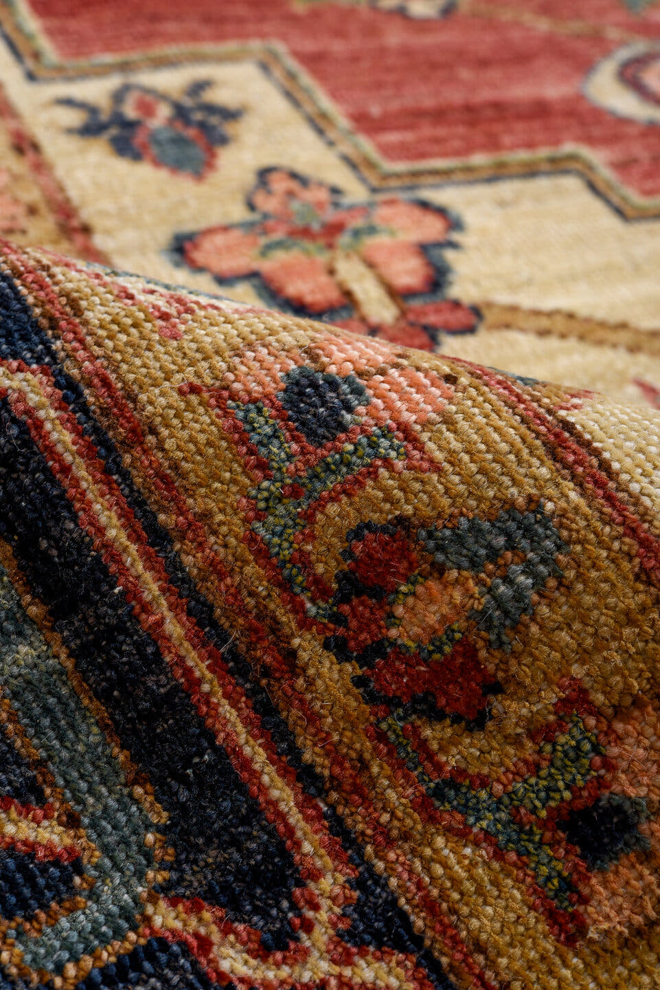 8' x 10' one-of-a-kind handmade vintage Afghan large size rug. Color palette: rust, navy, ivory, rose, camel, sage, gold