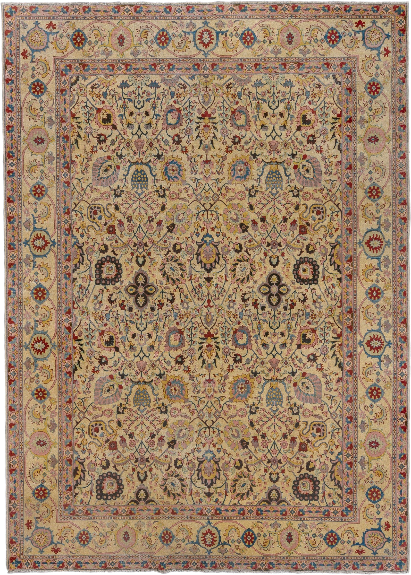 10' x 14' one-of-a-kind handmade vintage Afghan large size rug. Color palette: ivory, rose, sky blue, gold, rust, sage