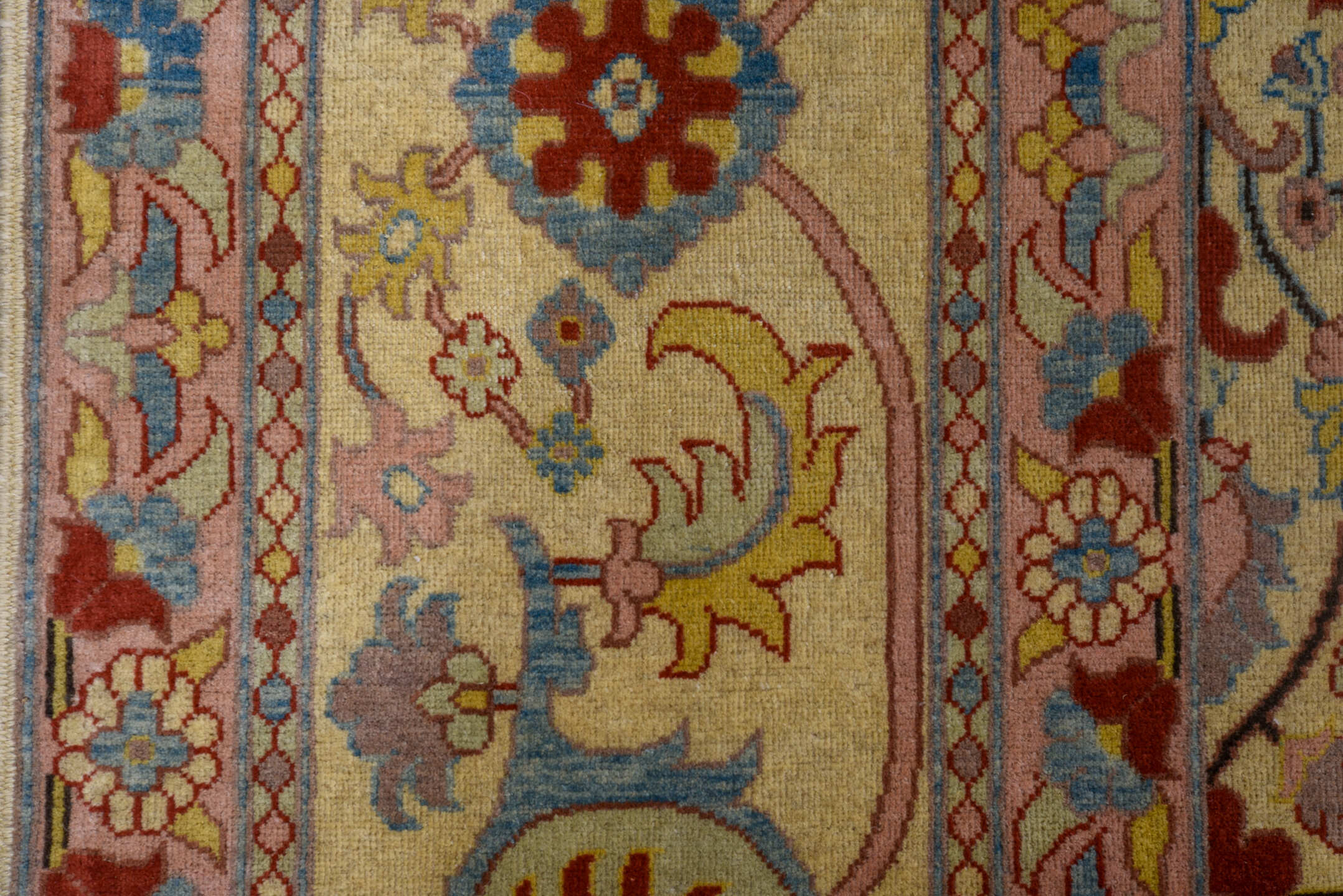 10' x 14' one-of-a-kind handmade vintage Afghan large size rug. Color palette: ivory, rose, sky blue, gold, rust, sage