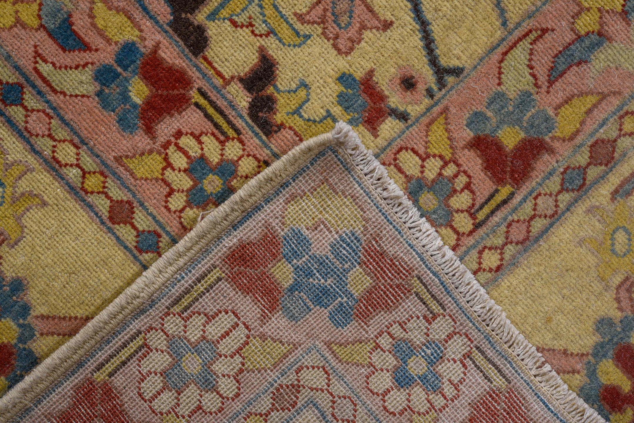10' x 14' one-of-a-kind handmade vintage Afghan large size rug. Color palette: ivory, rose, sky blue, gold, rust, sage