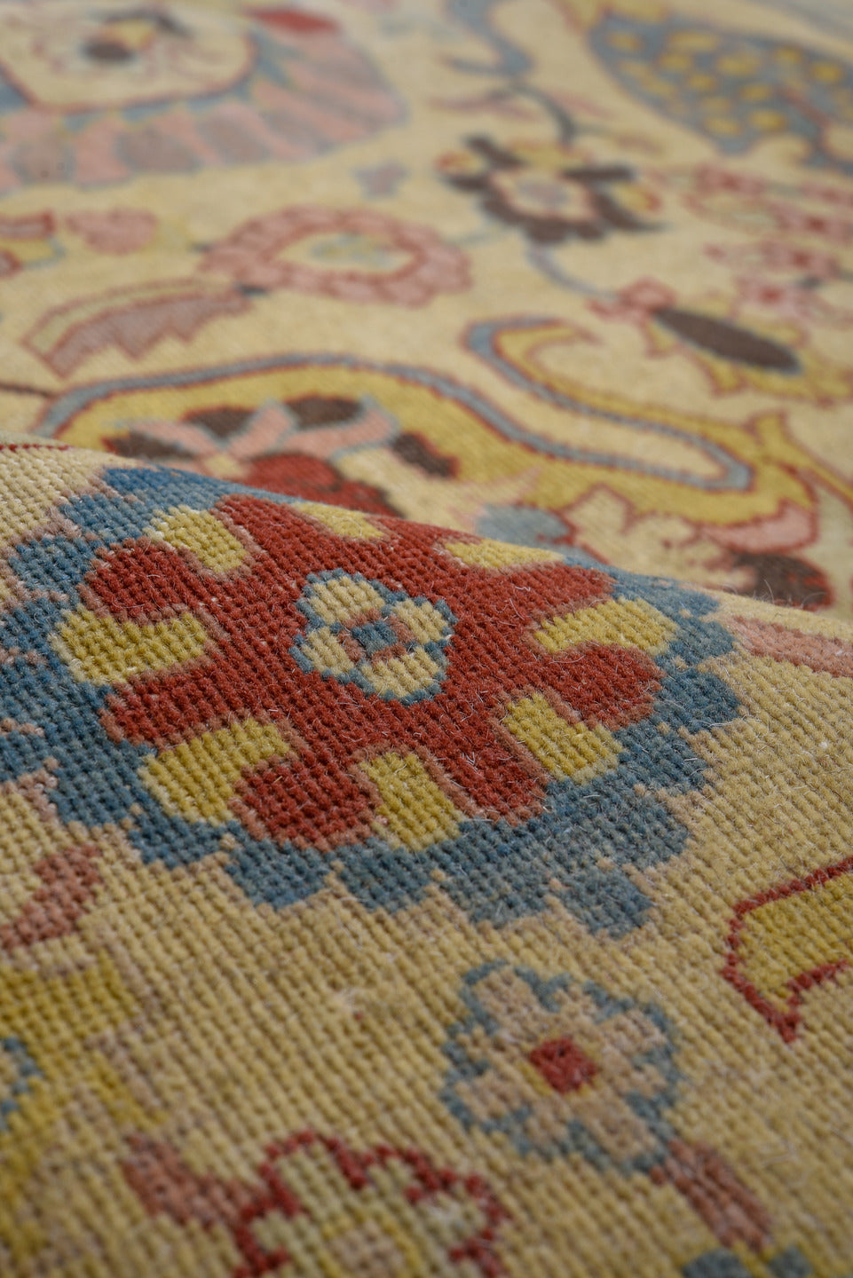 10' x 14' one-of-a-kind handmade vintage Afghan large size rug. Color palette: ivory, rose, sky blue, gold, rust, sage