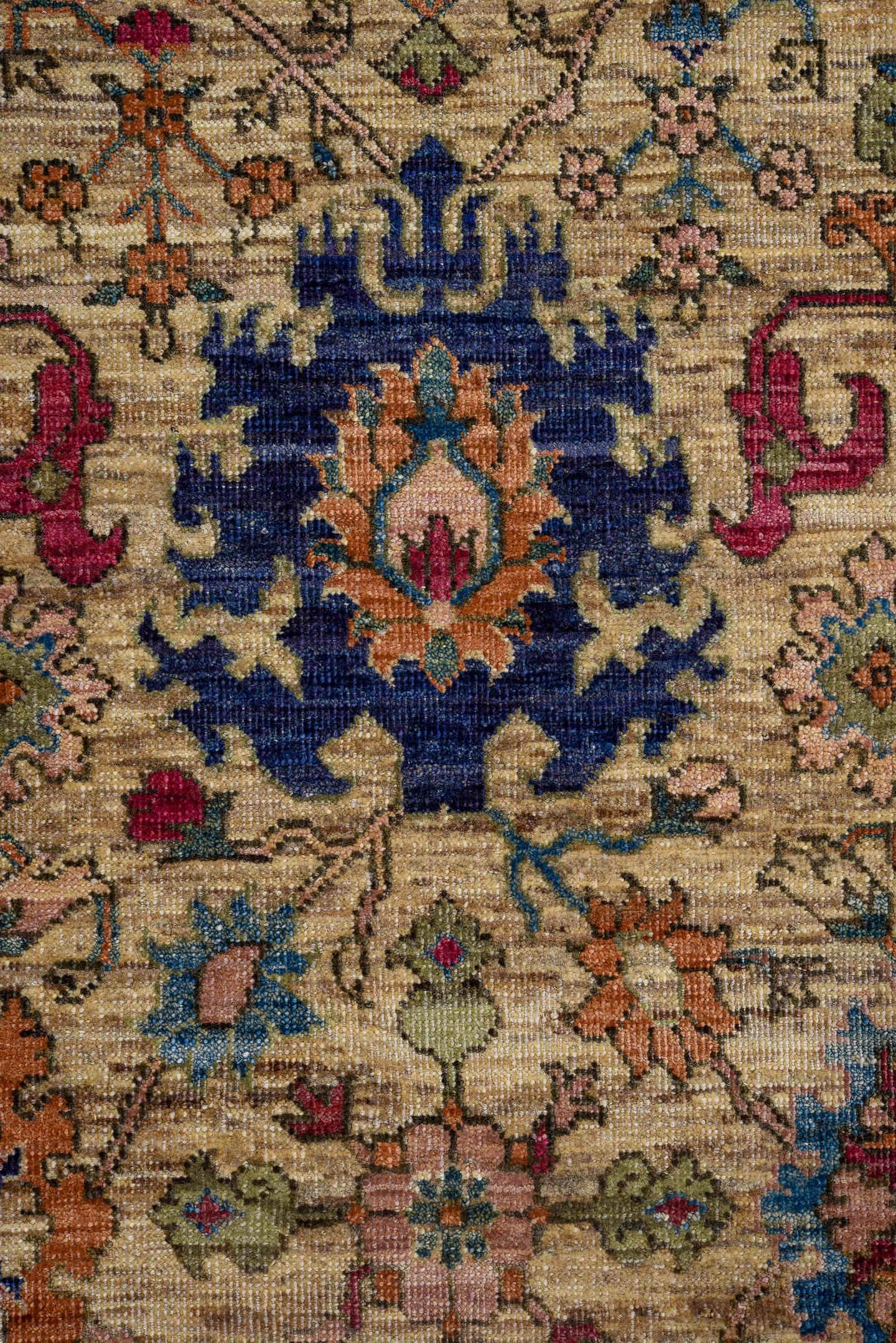 9' x 12' one-of-a-kind handmade vintage Afghan large size rug. Color palette: beige, navy, rose, teal, rust, gold, ivory