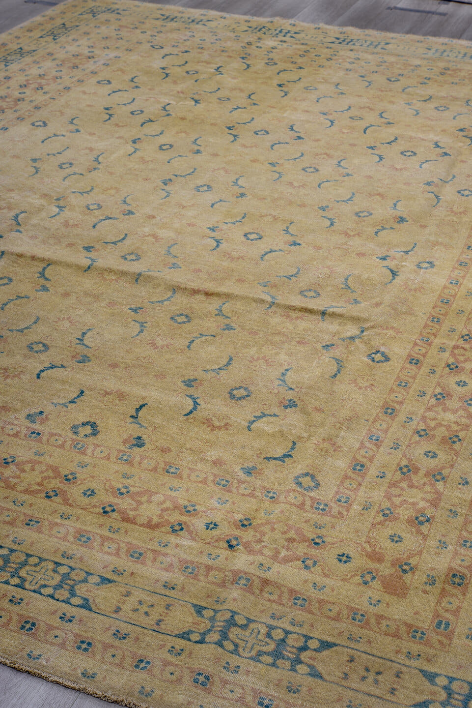 8' x 12' one-of-a-kind handmade vintage Afghan large size rug. Color palette: beige, sand, sky blue, blush, ivory, taupe