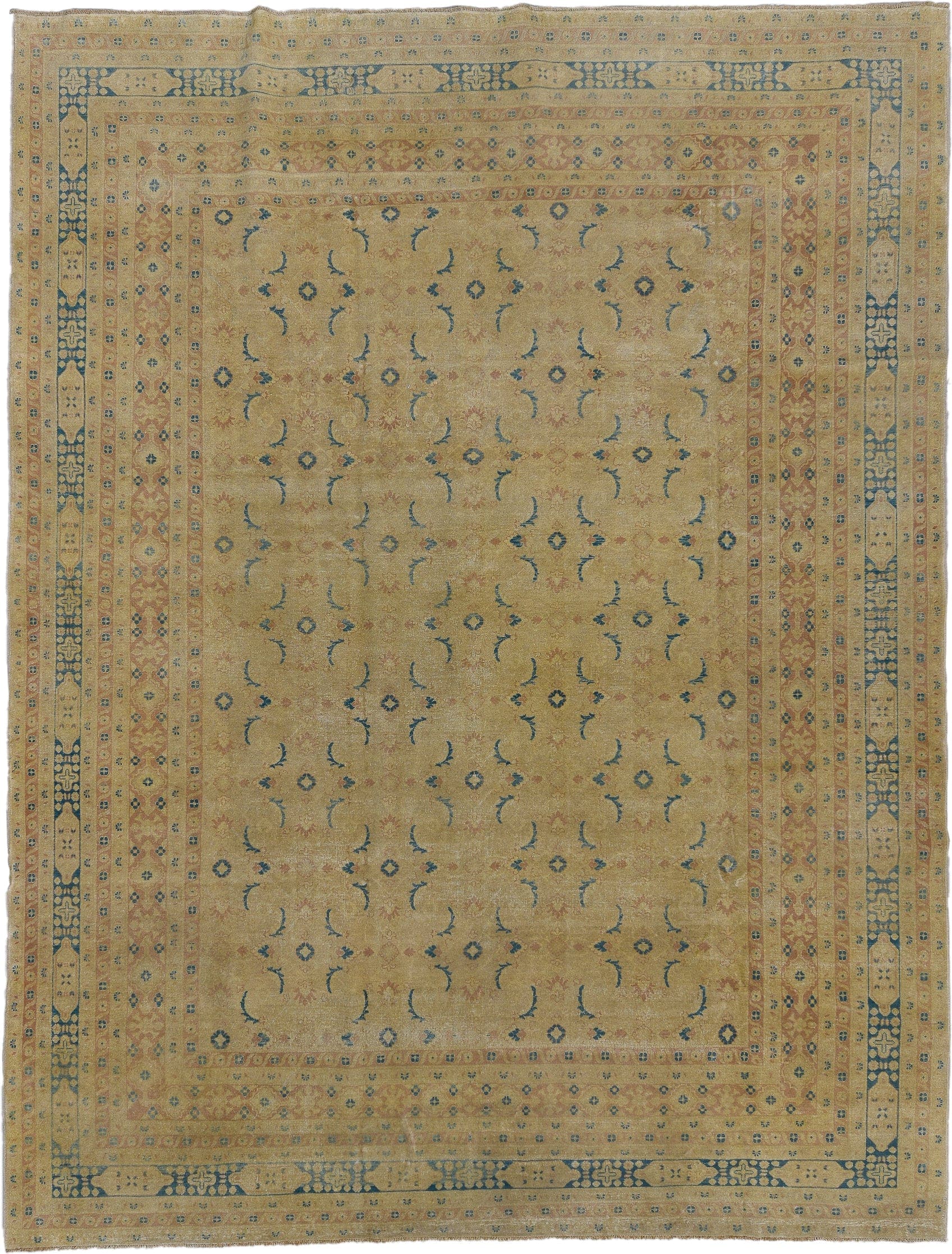 8' x 11' one-of-a-kind handmade vintage Afghan large size rug. Color palette: camel, sand, ivory, dusty blue, taupe
