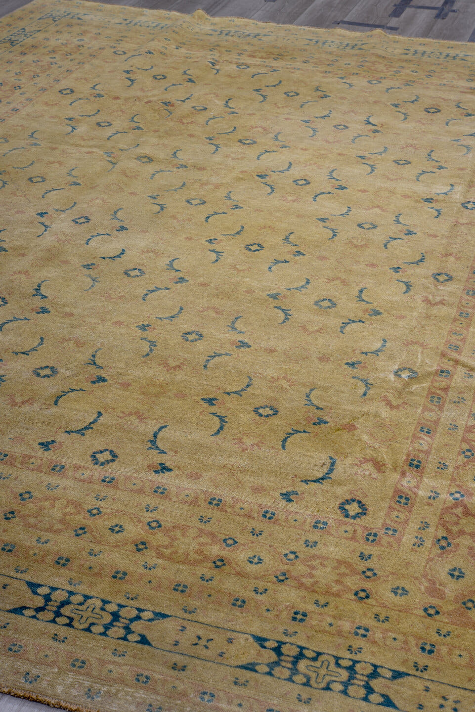 8' x 11' one-of-a-kind handmade vintage Afghan large size rug. Color palette: camel, sand, ivory, dusty blue, taupe