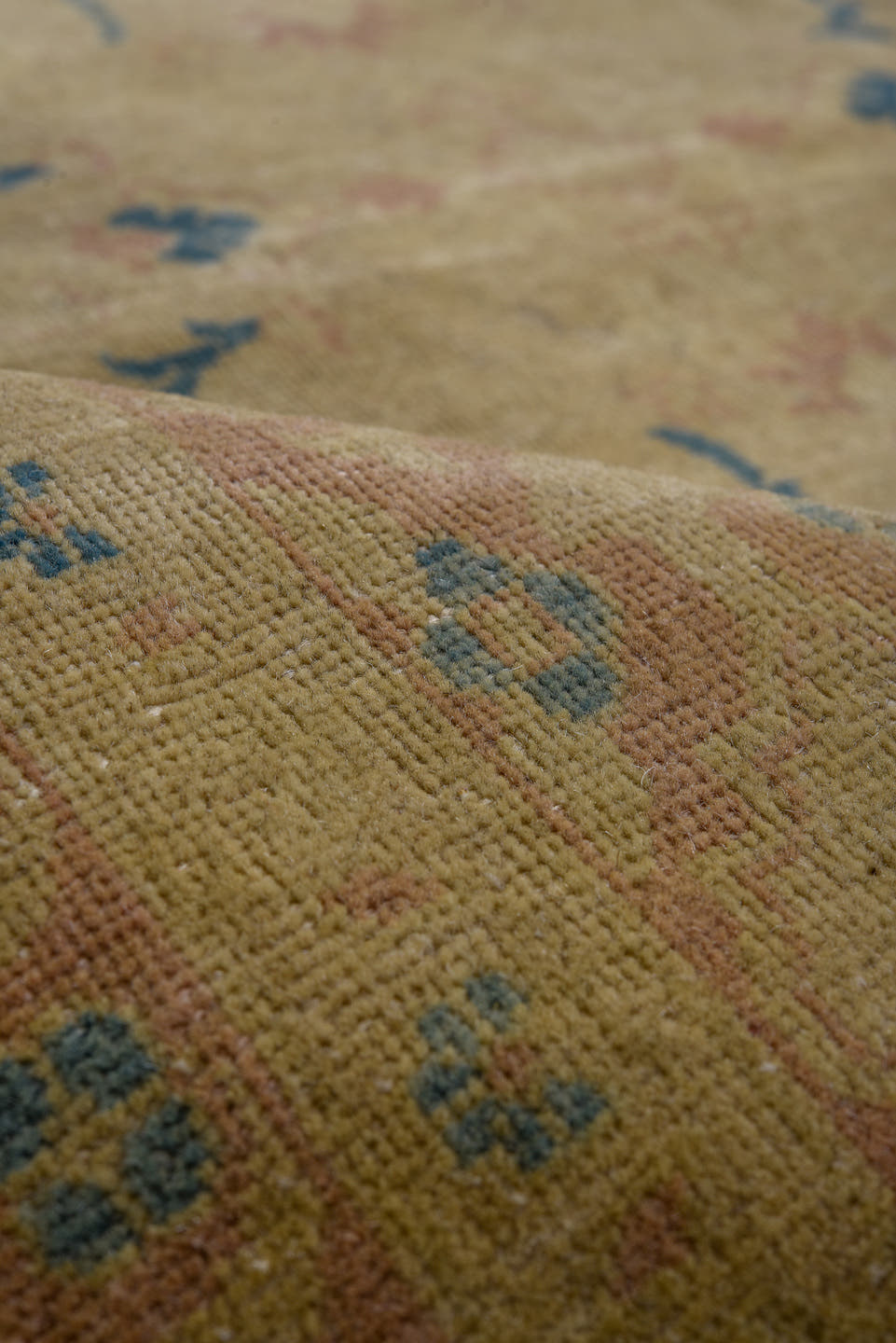 8' x 11' one-of-a-kind handmade vintage Afghan large size rug. Color palette: camel, sand, ivory, dusty blue, taupe