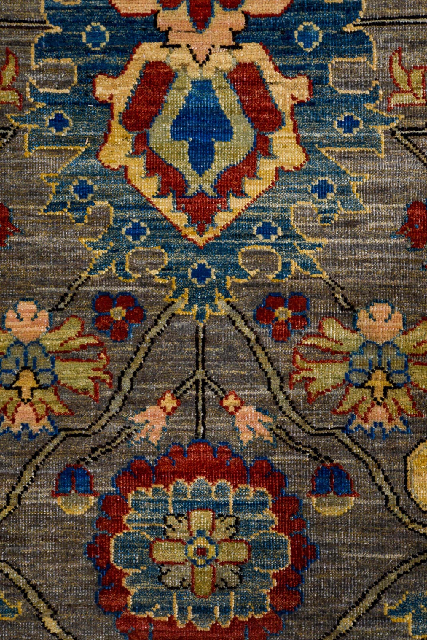 8' x 11' one-of-a-kind handmade vintage Afghan large size rug. Color palette: gray, olive, gold, indigo, rust, ivory, blush