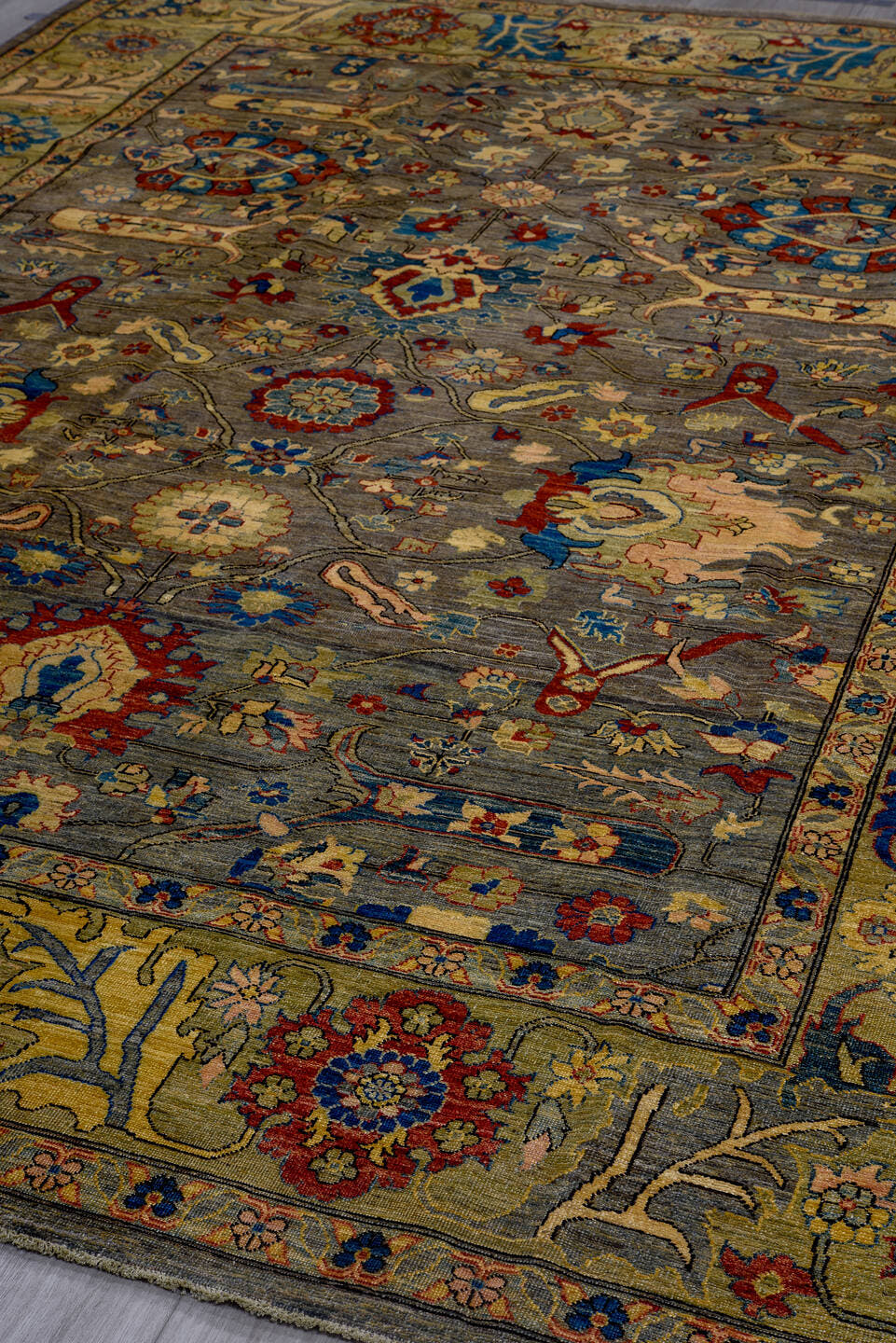 8' x 11' one-of-a-kind handmade vintage Afghan large size rug. Color palette: gray, olive, gold, indigo, rust, ivory, blush