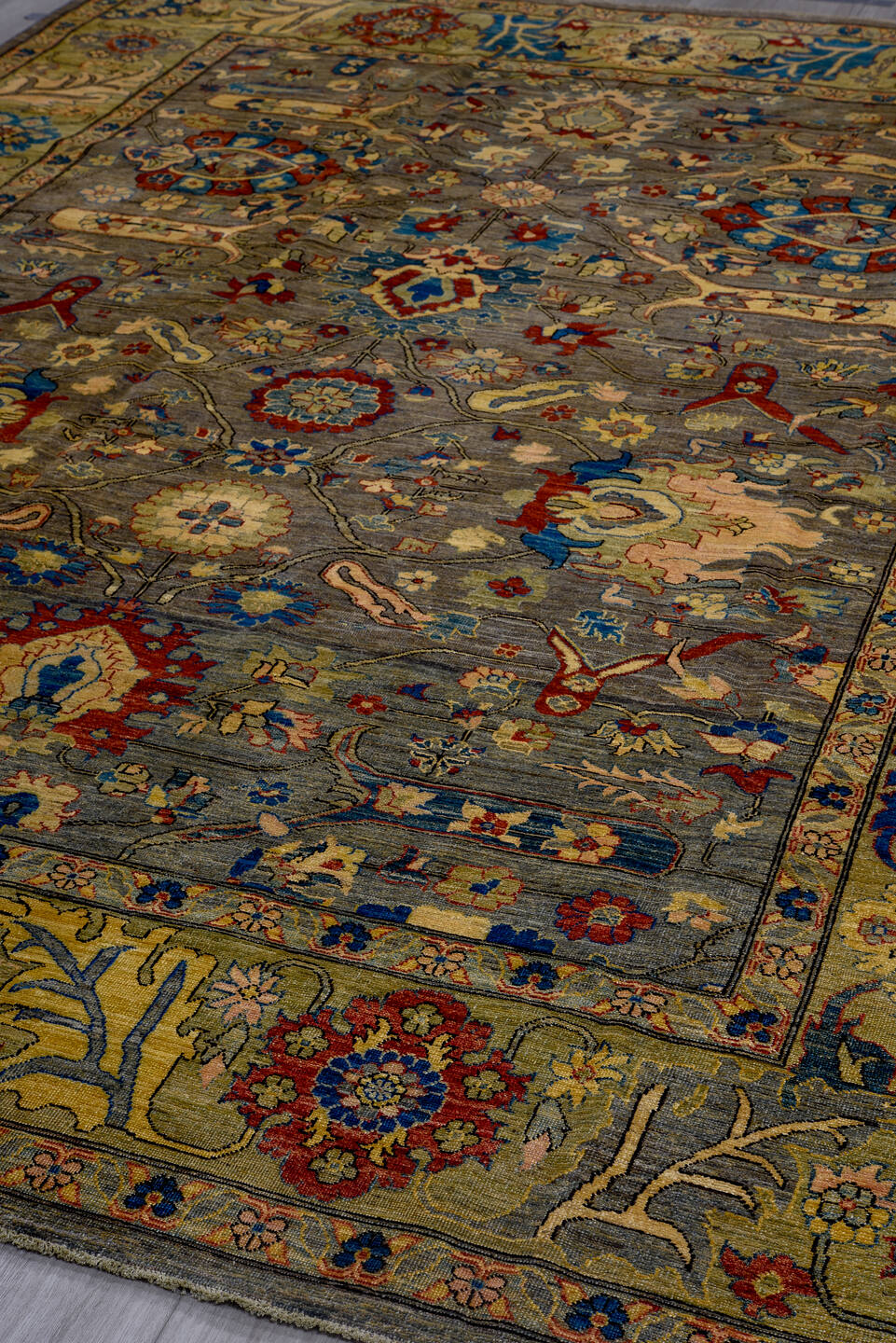 8' x 11' one-of-a-kind handmade vintage Afghan large size rug. Color palette: gray, olive, gold, indigo, rust, ivory, blush