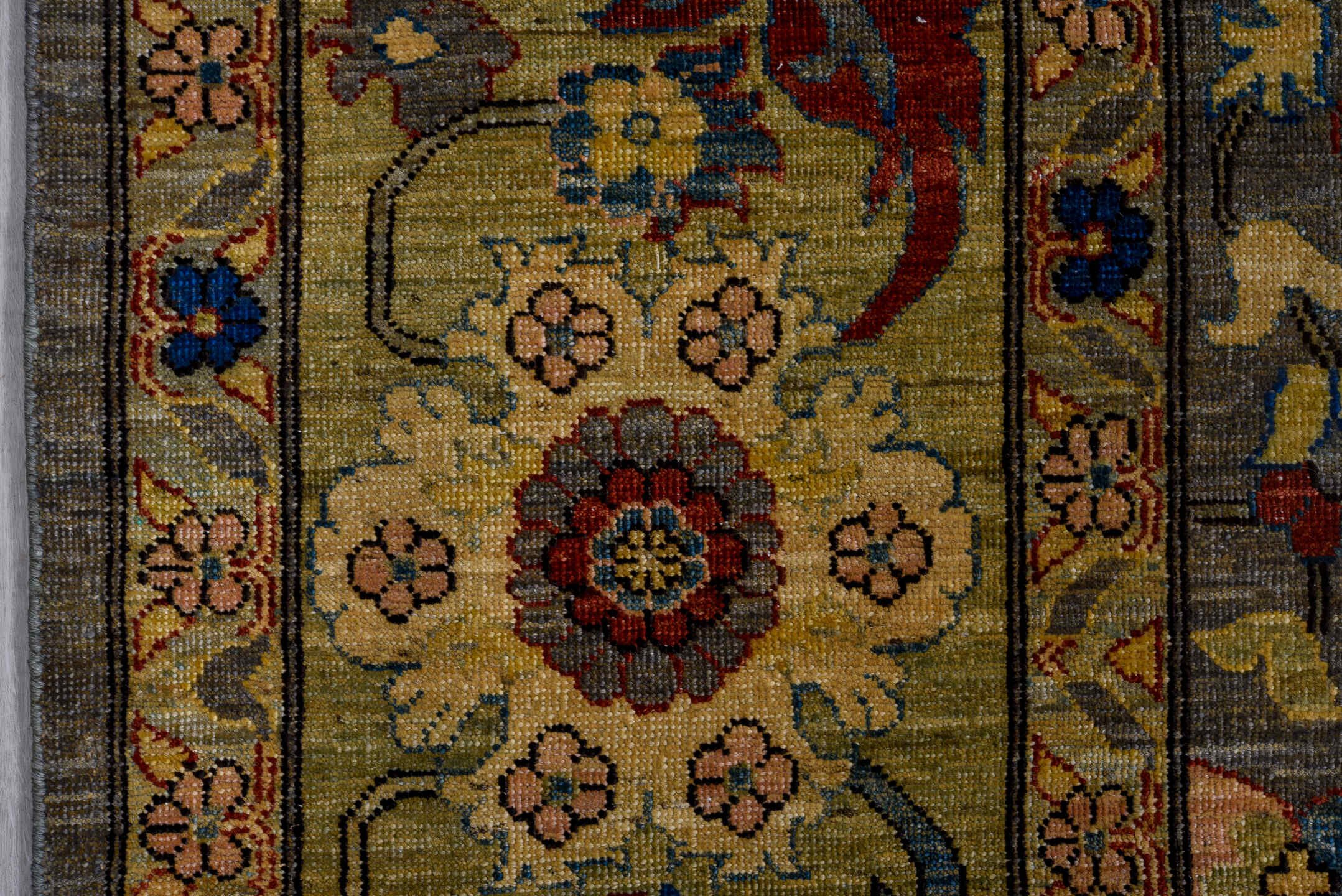 8' x 11' one-of-a-kind handmade vintage Afghan large size rug. Color palette: gray, olive, gold, indigo, rust, ivory, blush