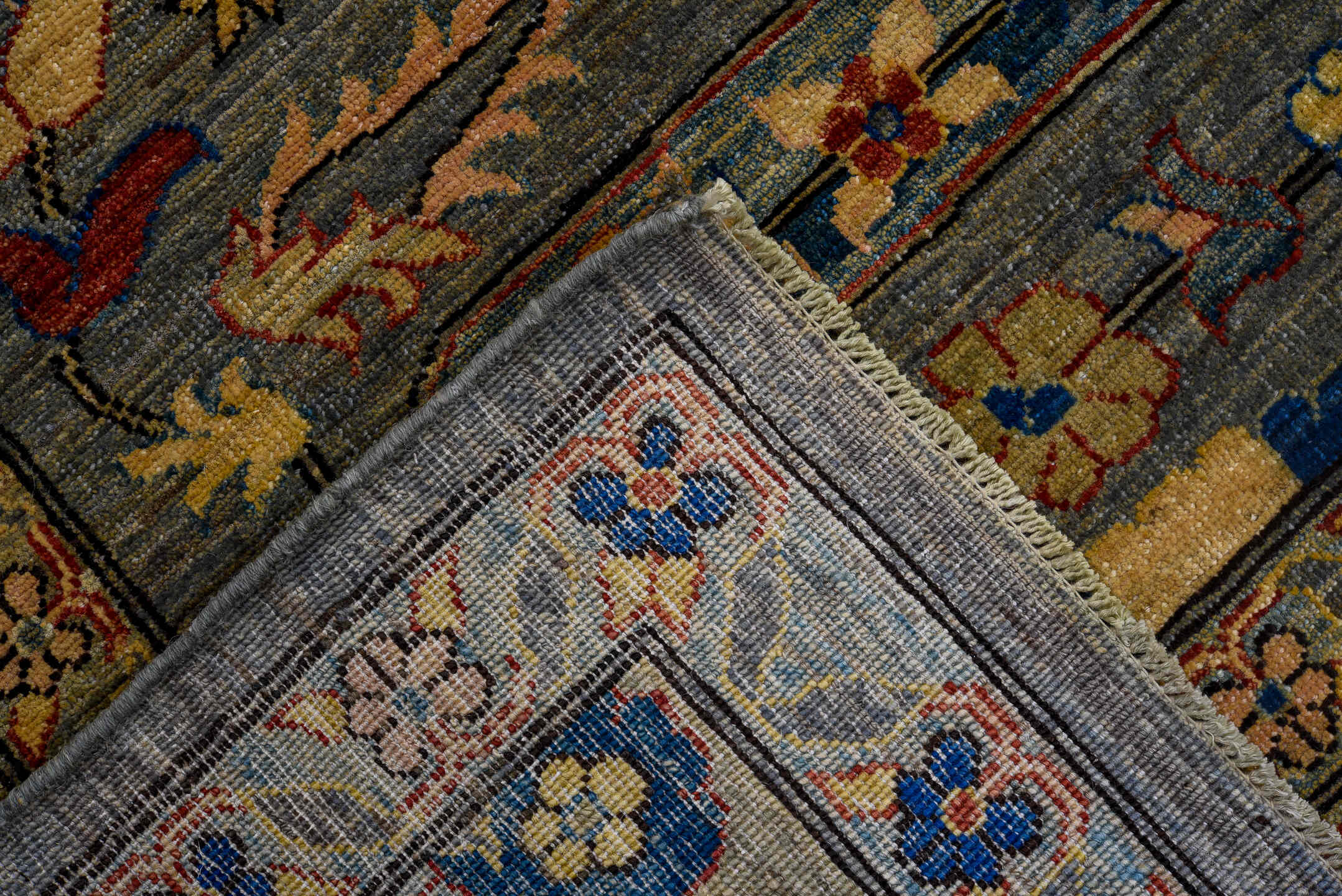 8' x 11' one-of-a-kind handmade vintage Afghan large size rug. Color palette: gray, olive, gold, indigo, rust, ivory, blush