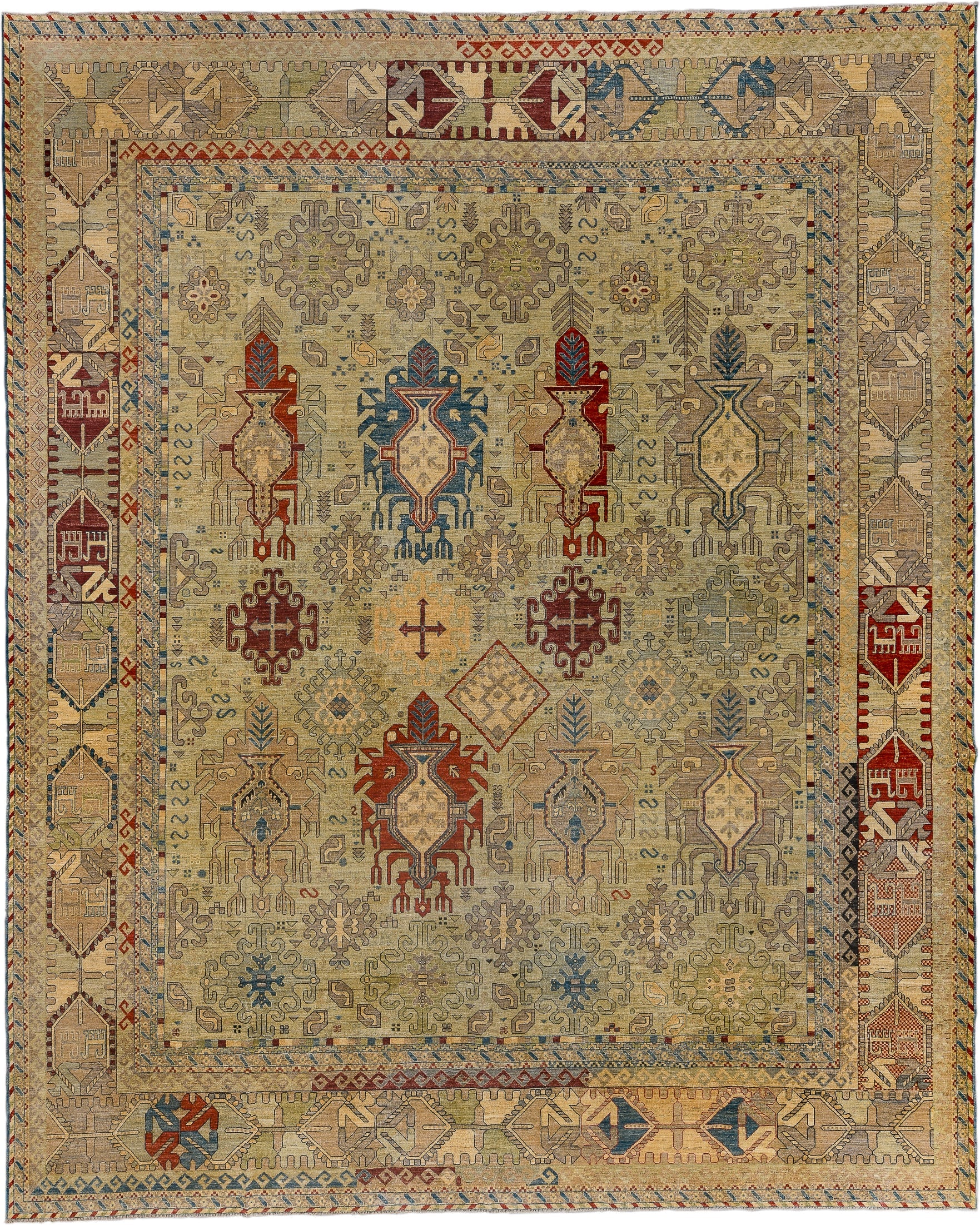 13' x 16' one-of-a-kind handmade vintage Afghan oversize rug. Color palette: ivory, taupe, camel, slate, rust, blue, sand