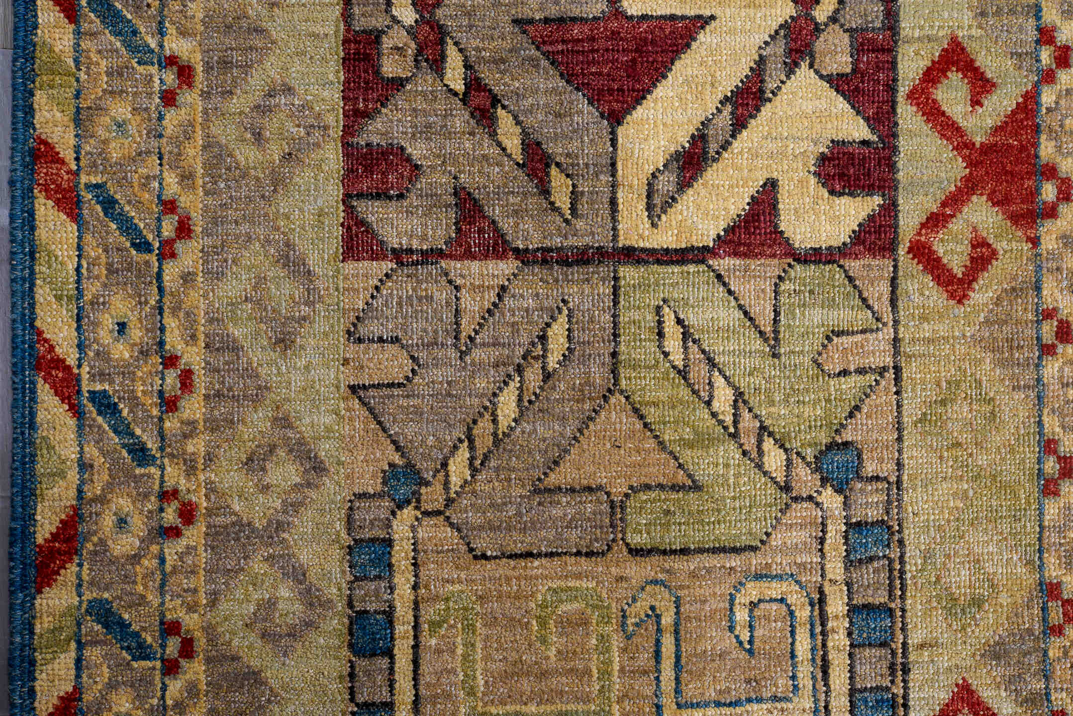 13' x 16' one-of-a-kind handmade vintage Afghan oversize rug. Color palette: ivory, taupe, camel, slate, rust, blue, sand