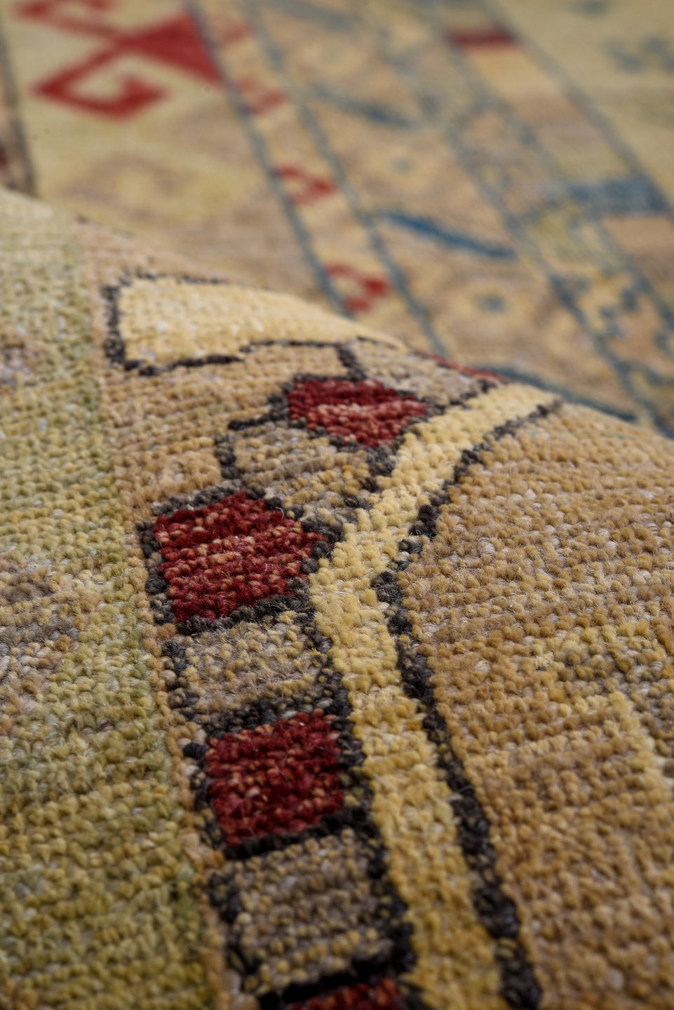 13' x 16' one-of-a-kind handmade vintage Afghan oversize rug. Color palette: ivory, taupe, camel, slate, rust, blue, sand