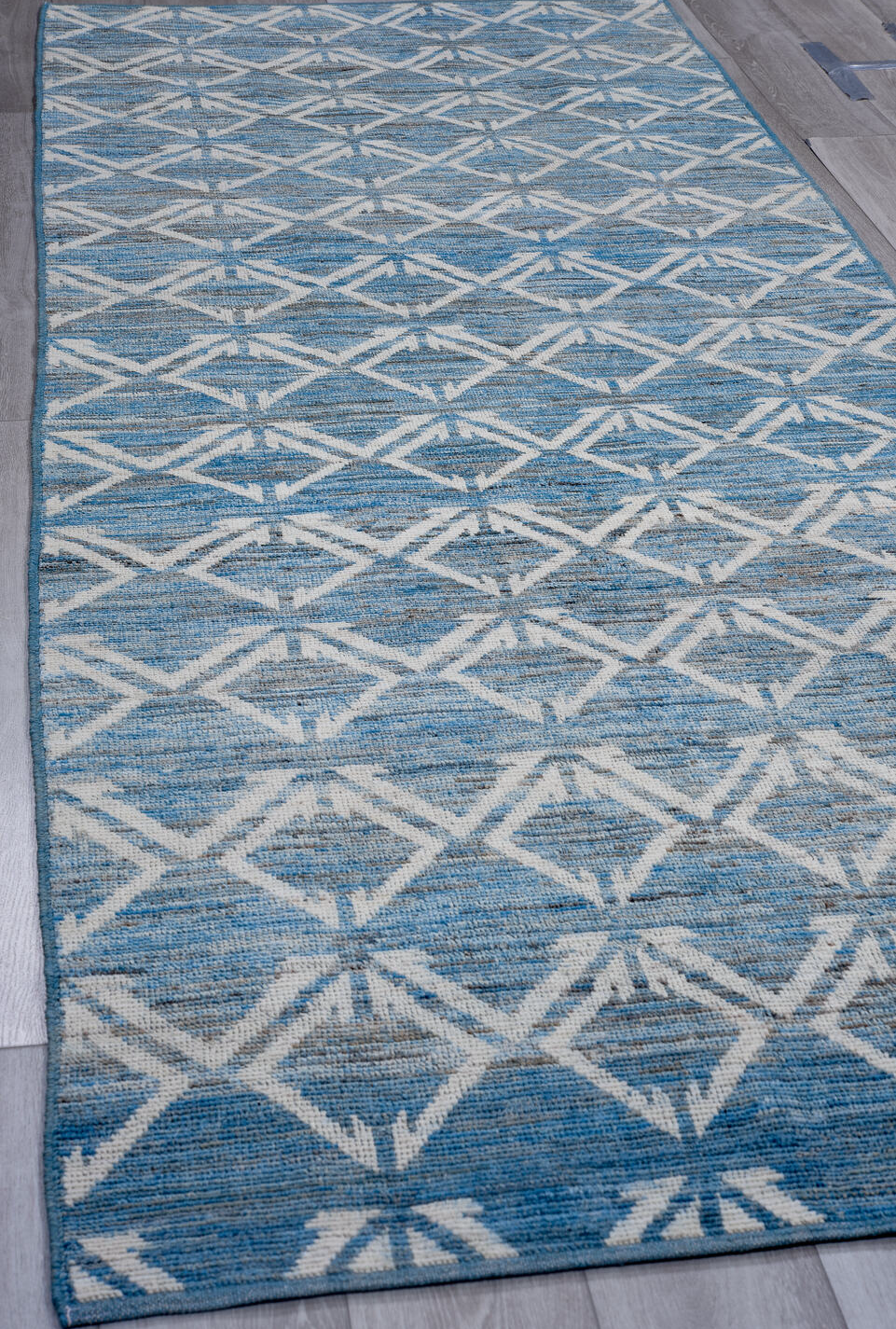 4' x 11' one-of-a-kind handmade vintage Tulu runner rug. Color palette: arapawa, blue, gainsboro, gray, light blue