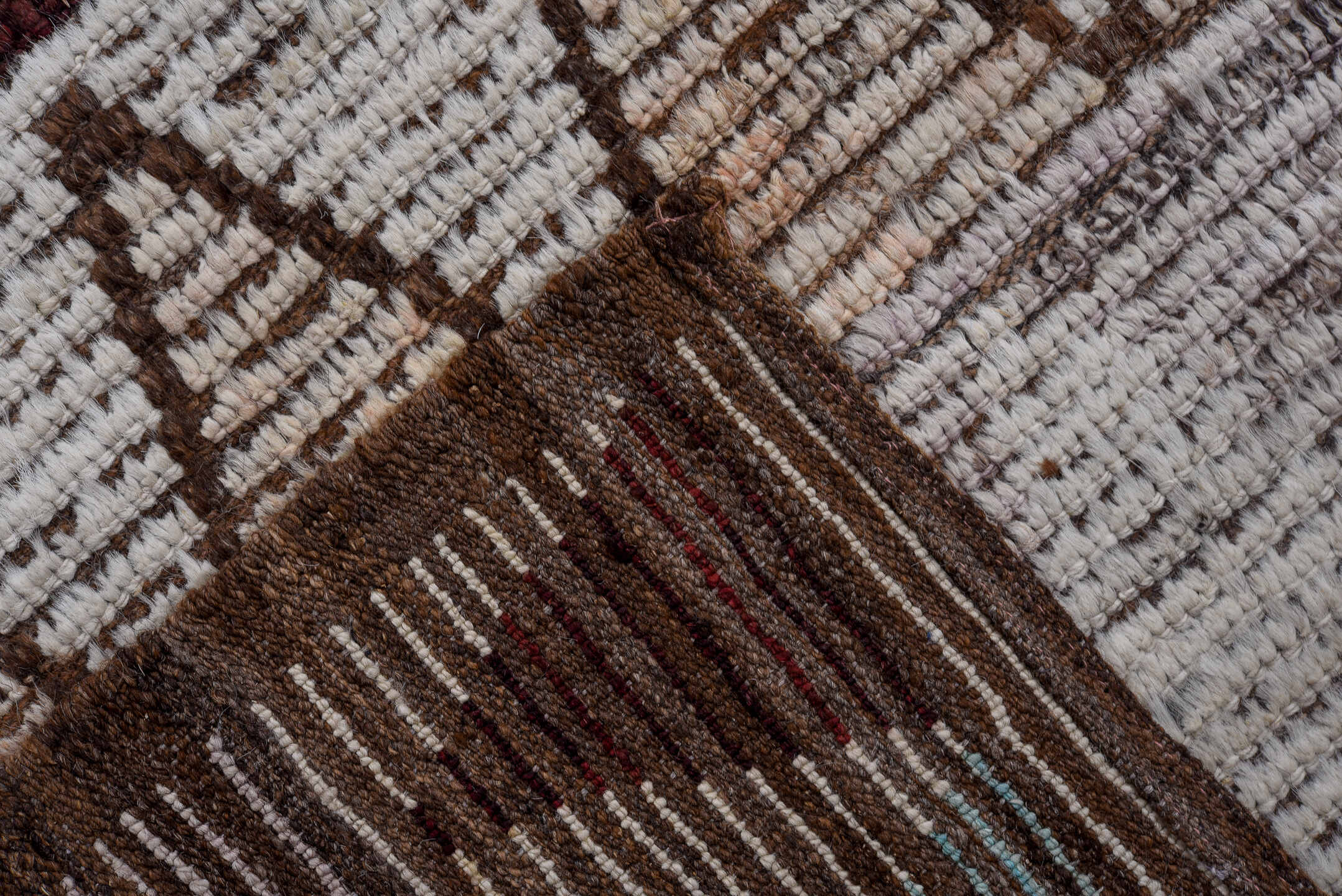 3' x 13' one-of-a-kind handmade vintage Tulu runner rug. Color palette: ivory, brown, blue, blush, burgundy, taupe, pink
