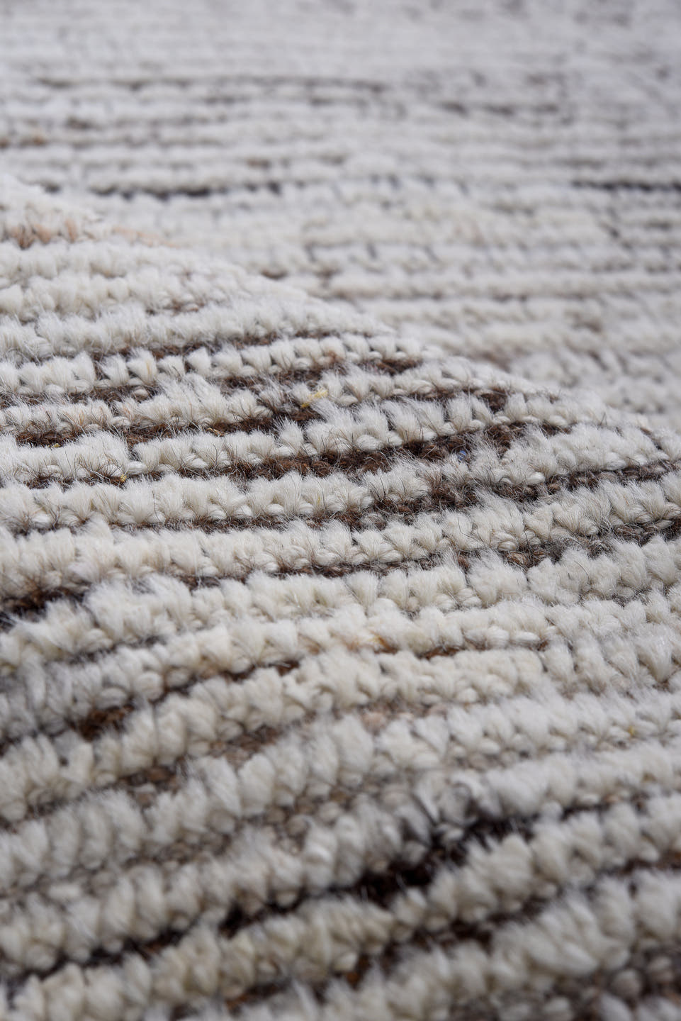 2' x 14' one-of-a-kind handmade vintage Tulu runner rug. Color palette: ivory, brown, taupe, charcoal, beige, gray, black