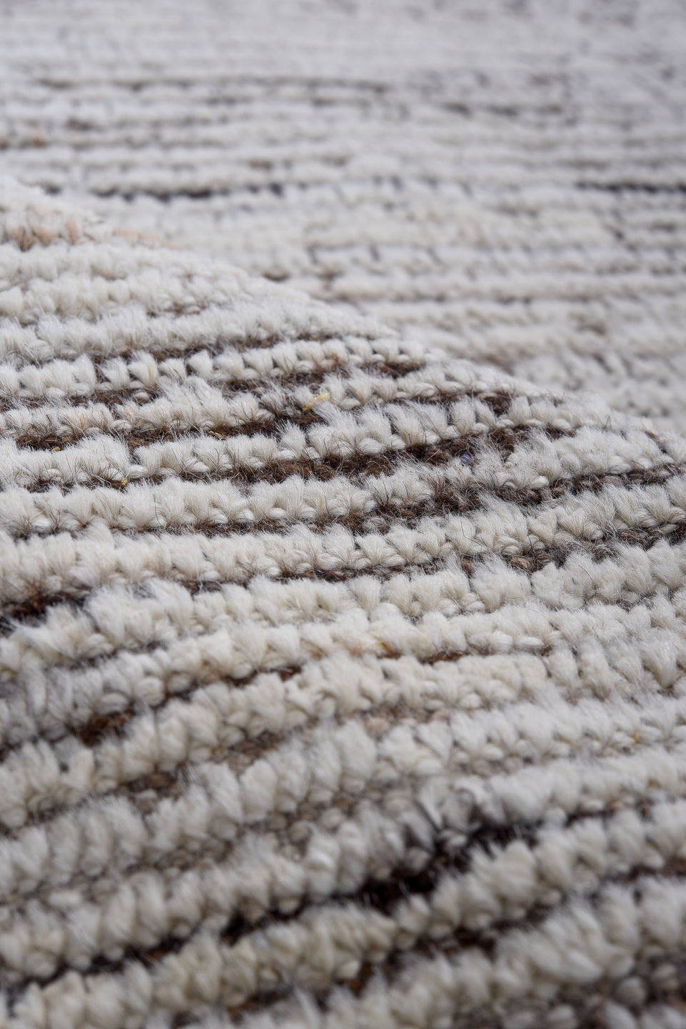 2' x 14' one-of-a-kind handmade vintage Tulu runner rug. Color palette: ivory, brown, taupe, charcoal, beige, gray, black