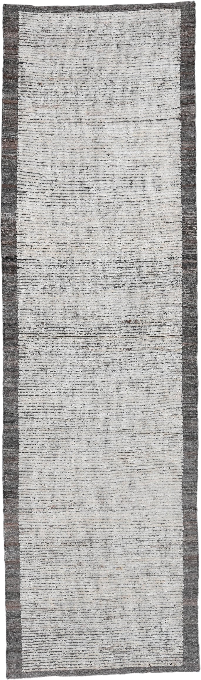 3' x 10' one-of-a-kind handmade vintage Tulu runner rug. Color palette: ivory, charcoal, taupe, gray, black, beige