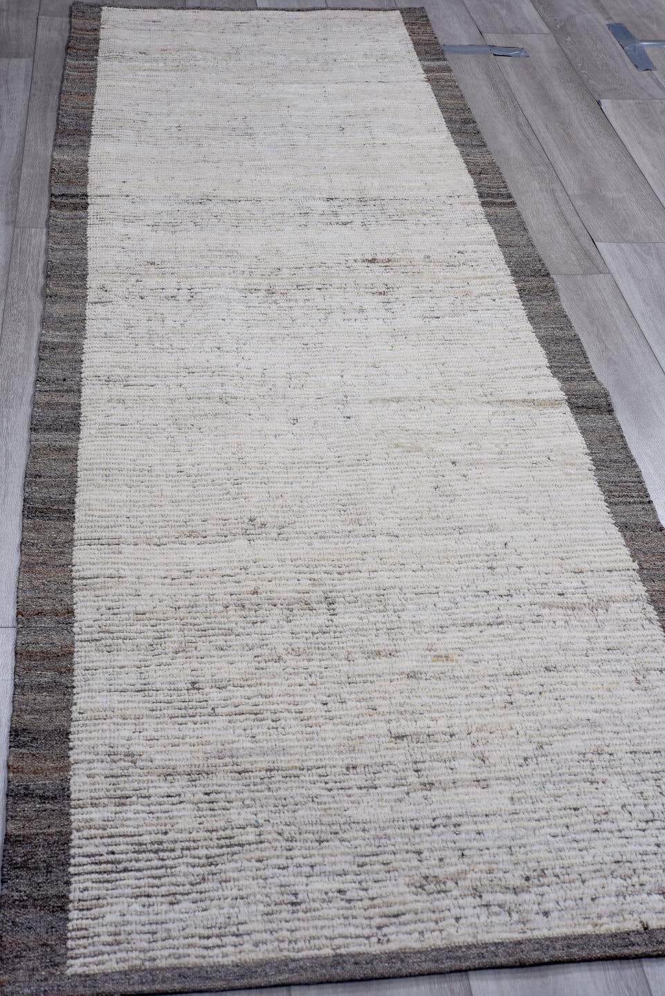 3' x 10' one-of-a-kind handmade vintage Tulu runner rug. Color palette: ivory, charcoal, taupe, gray, black, beige