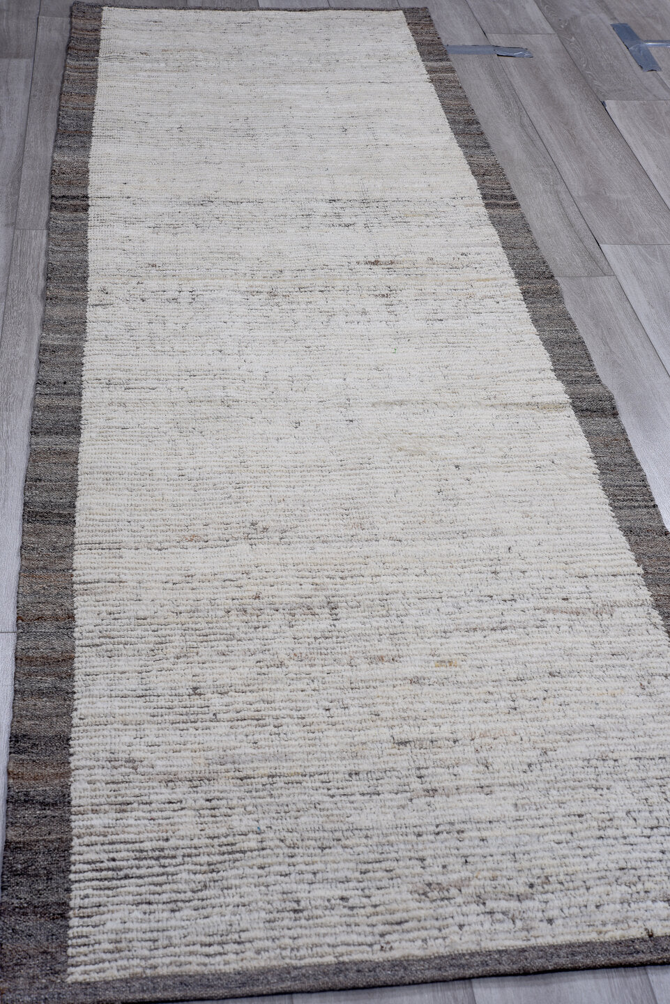 3' x 10' one-of-a-kind handmade vintage Tulu runner rug. Color palette: ivory, charcoal, taupe, gray, black, beige