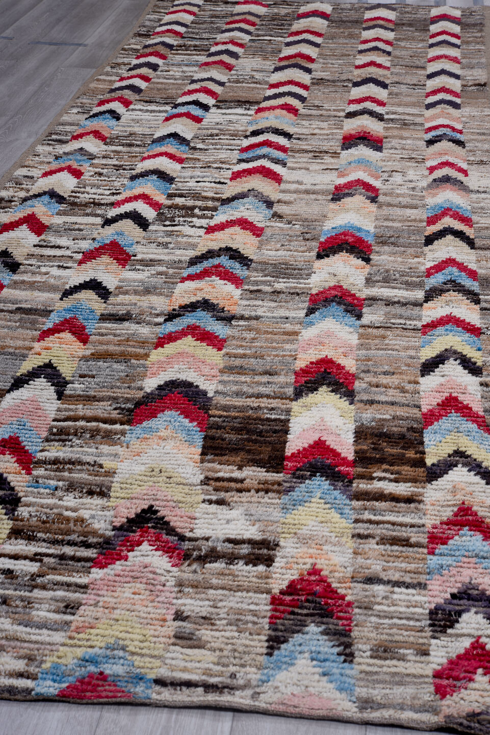 4' x 15' one-of-a-kind handmade vintage Tulu runner rug. Color palette: black, blue, brown, charcoal, dark gray, gainsboro