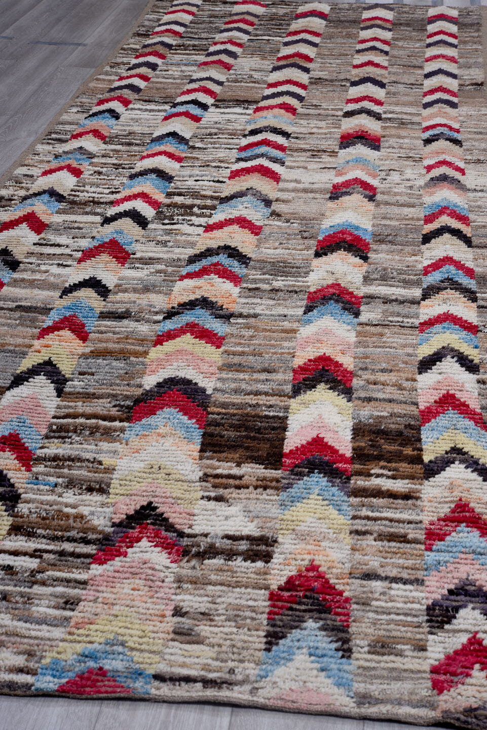 4' x 15' one-of-a-kind handmade vintage Tulu runner rug. Color palette: taupe, brown, ivory, charcoal, rose, sky_blue, black