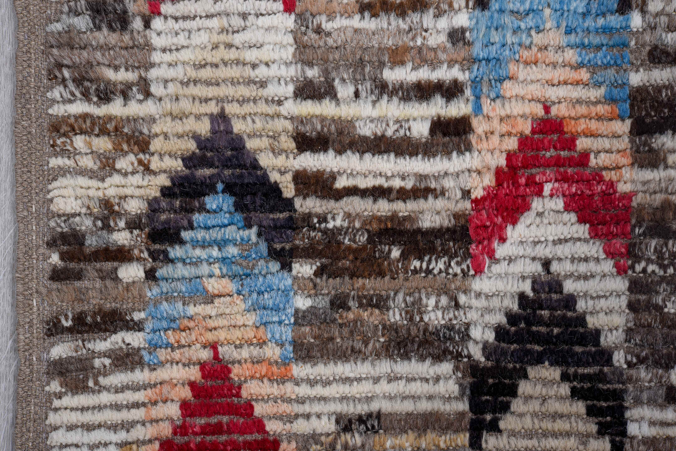 4' x 15' one-of-a-kind handmade vintage Tulu runner rug. Color palette: taupe, brown, ivory, charcoal, rose, sky_blue, black
