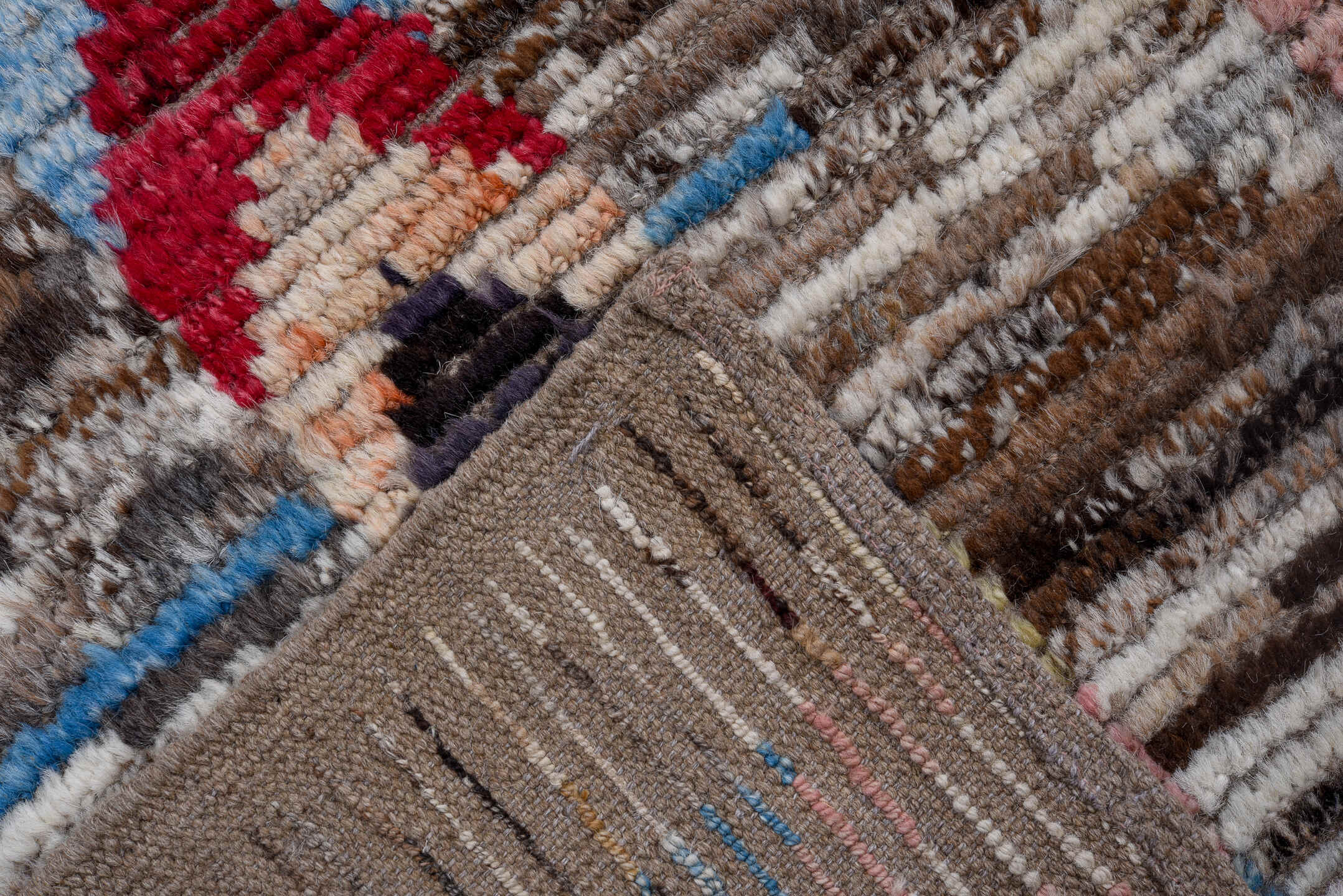4' x 15' one-of-a-kind handmade vintage Tulu runner rug. Color palette: taupe, brown, ivory, charcoal, rose, sky_blue, black