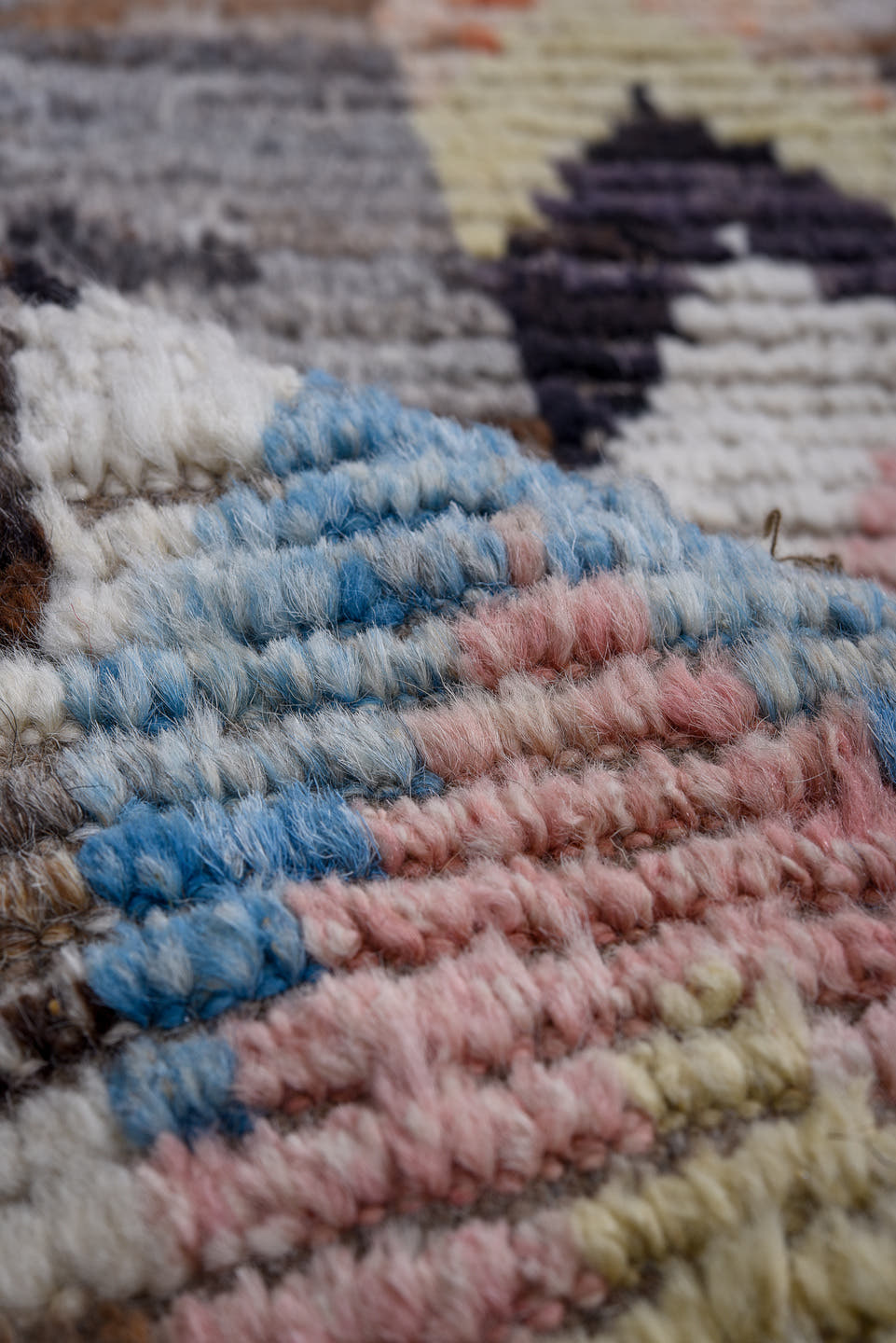4' x 15' one-of-a-kind handmade vintage Tulu runner rug. Color palette: taupe, brown, ivory, charcoal, rose, sky_blue, black