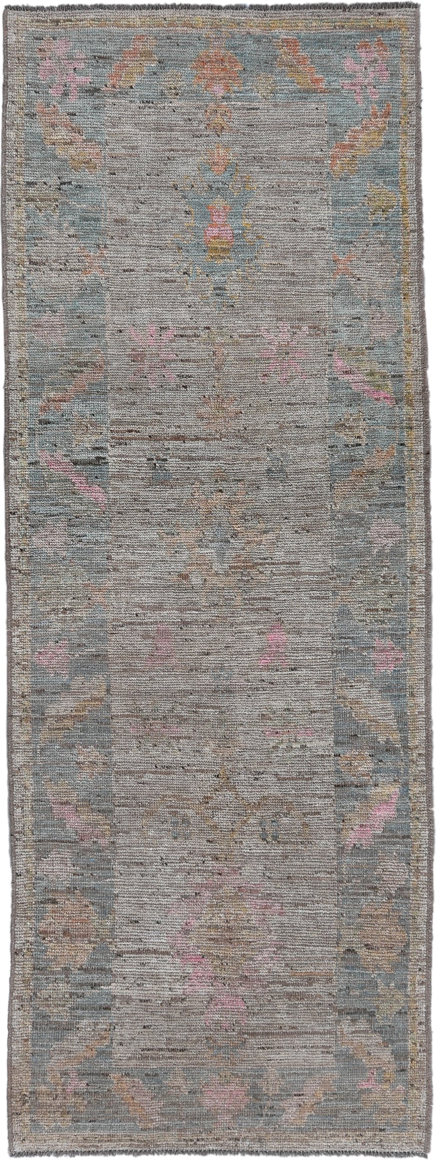 3' x 9' one-of-a-kind handmade vintage Oushak runner rug. Color palette: taupe, slate, ivory, rose, gold, sage, beige, gray
