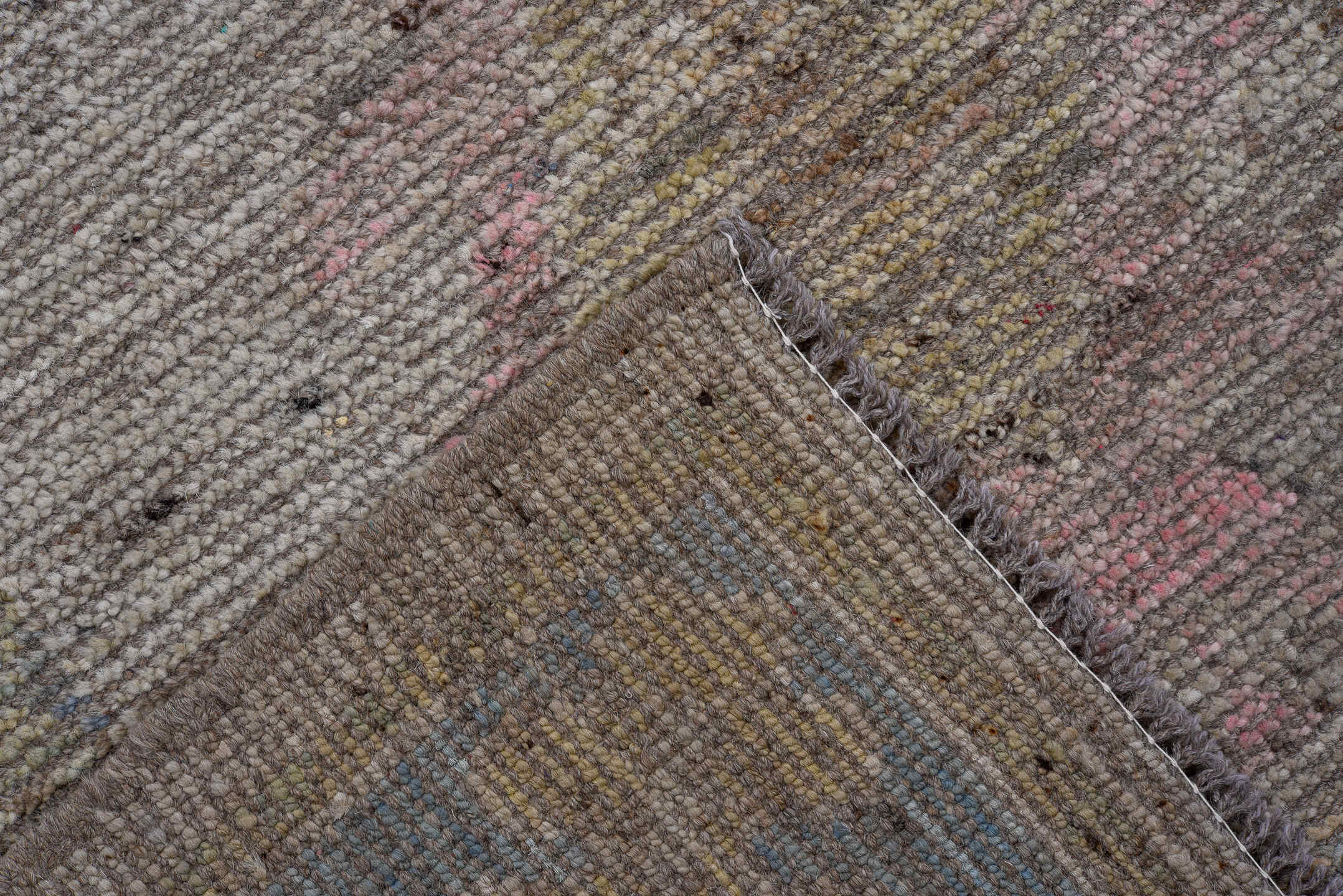 3' x 9' one-of-a-kind handmade vintage Oushak runner rug. Color palette: taupe, slate, ivory, rose, gold, sage, beige, gray