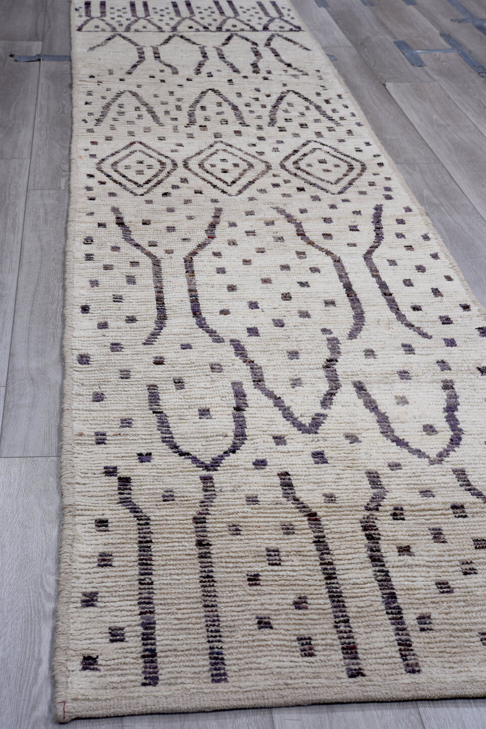 2' x 12' one-of-a-kind handmade vintage Tulu runner rug. Color palette: ivory, charcoal, taupe, gray, black, beige