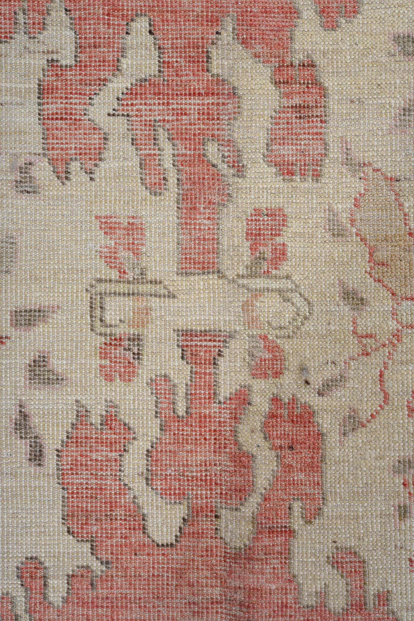 9' x 12' one-of-a-kind handmade vintage Oushak large size rug. Color palette: ivory, coral, rose, beige, taupe, soft pink