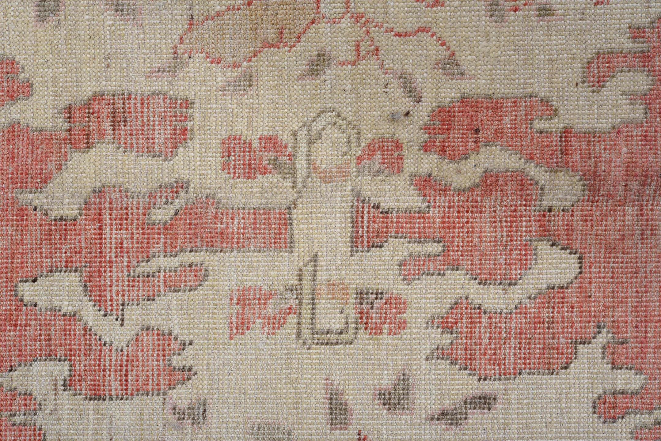 9' x 12' one-of-a-kind handmade vintage Oushak large size rug. Color palette: brown, gray, light gray, off-white, pink, red