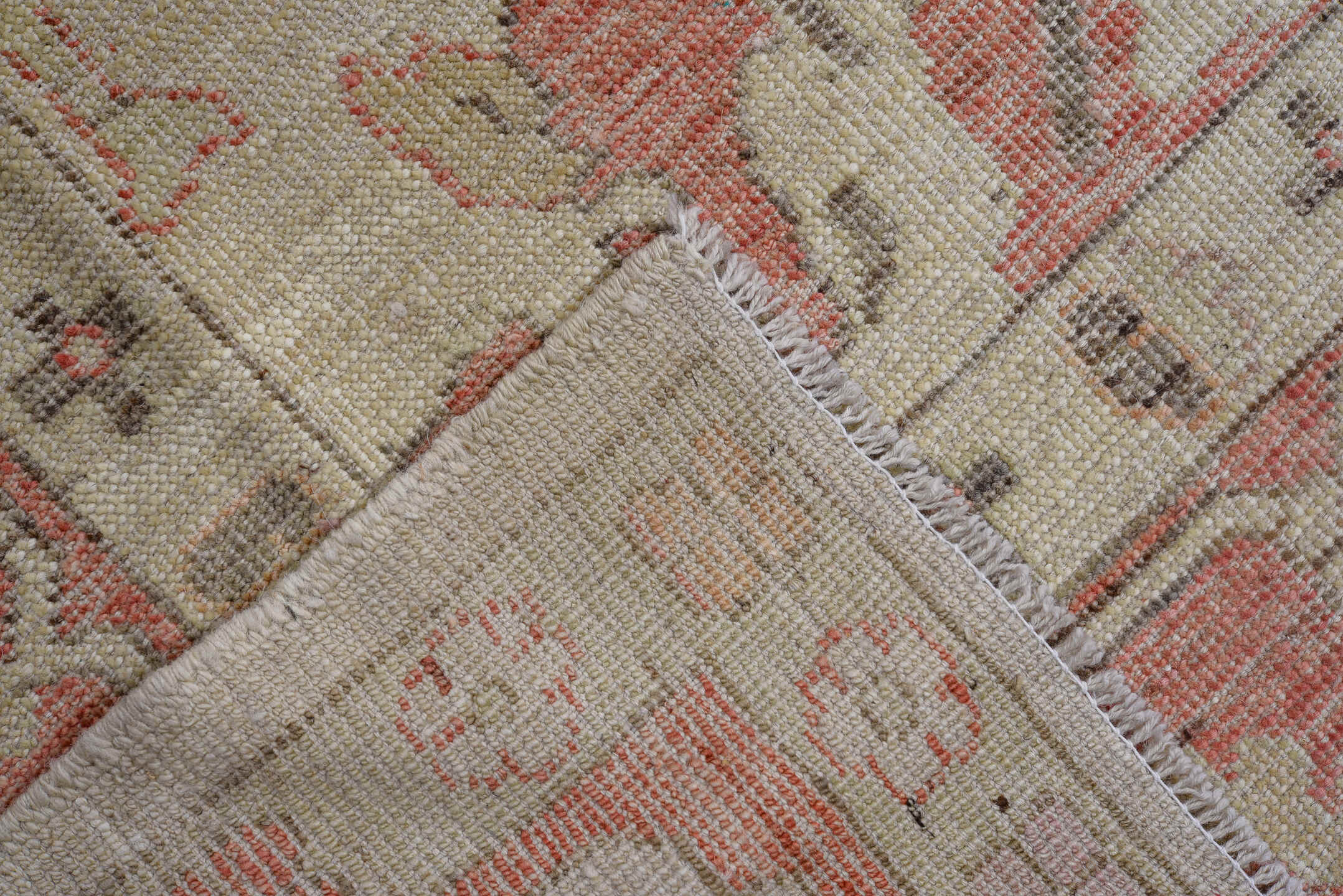 9' x 12' one-of-a-kind handmade vintage Oushak large size rug. Color palette: ivory, coral, rose, beige, taupe, soft pink