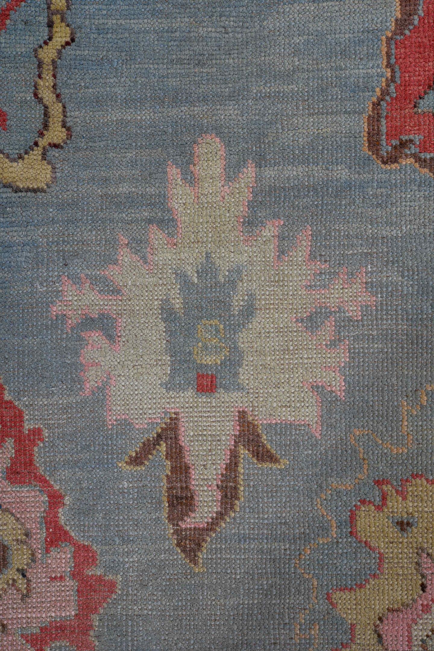 5' x 7' one-of-a-kind handmade vintage Oushak medium size rug. Color palette: blue, ivory, beige, pink, rust, sage, gold