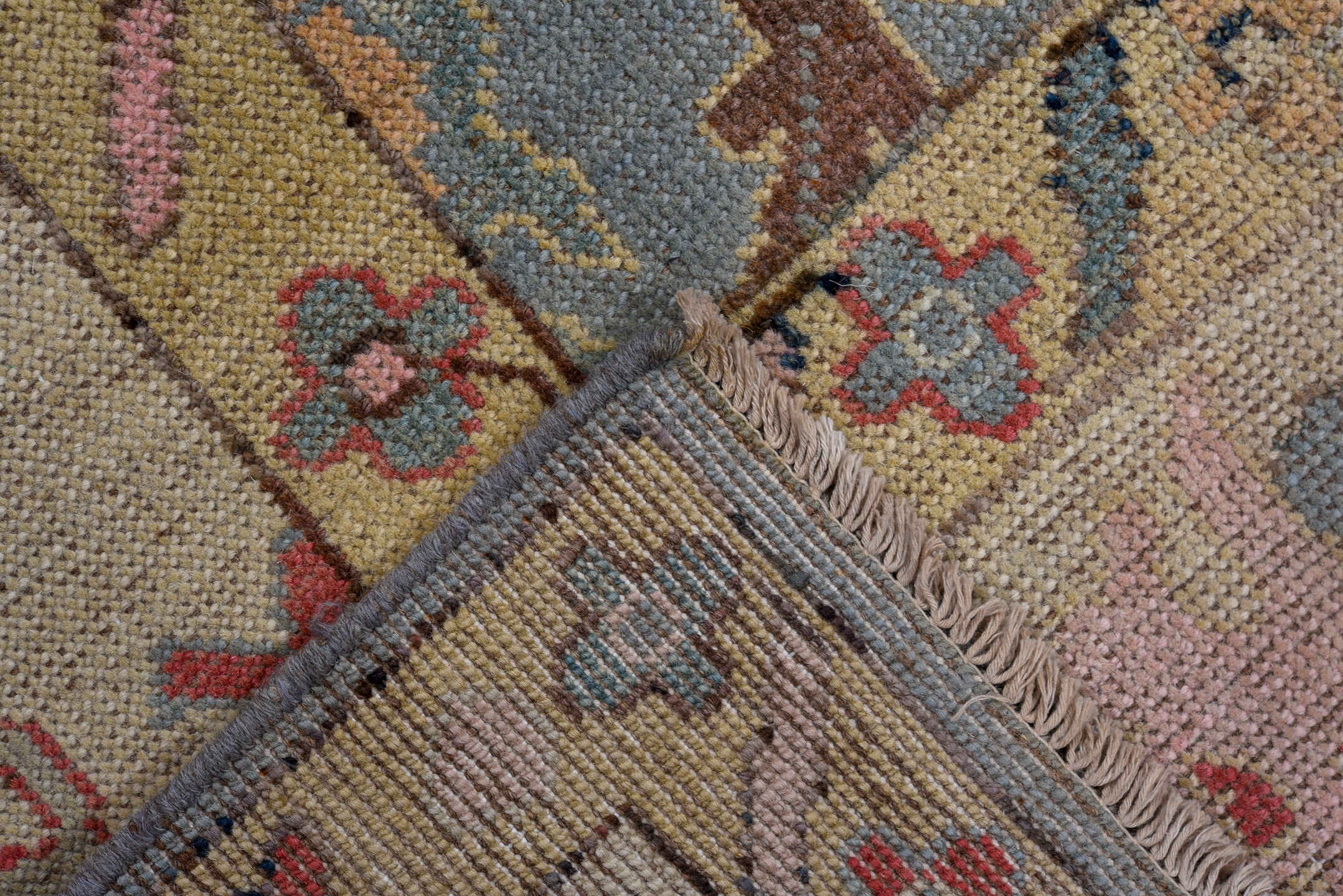 5' x 7' one-of-a-kind handmade vintage Oushak medium size rug. Color palette: blue, ivory, beige, pink, rust, sage, gold