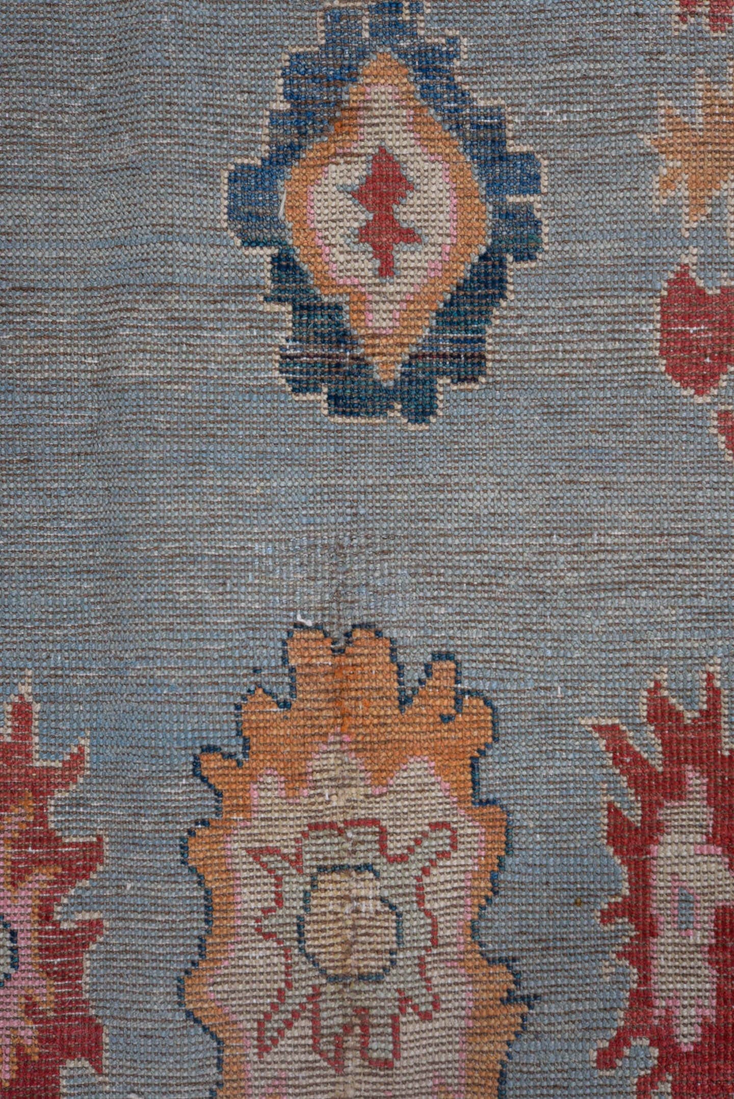 5' x 7' one-of-a-kind handmade vintage Oushak rug. Color palette: pink, pale blue, coral, ivory, slate, saffron, rose, sage