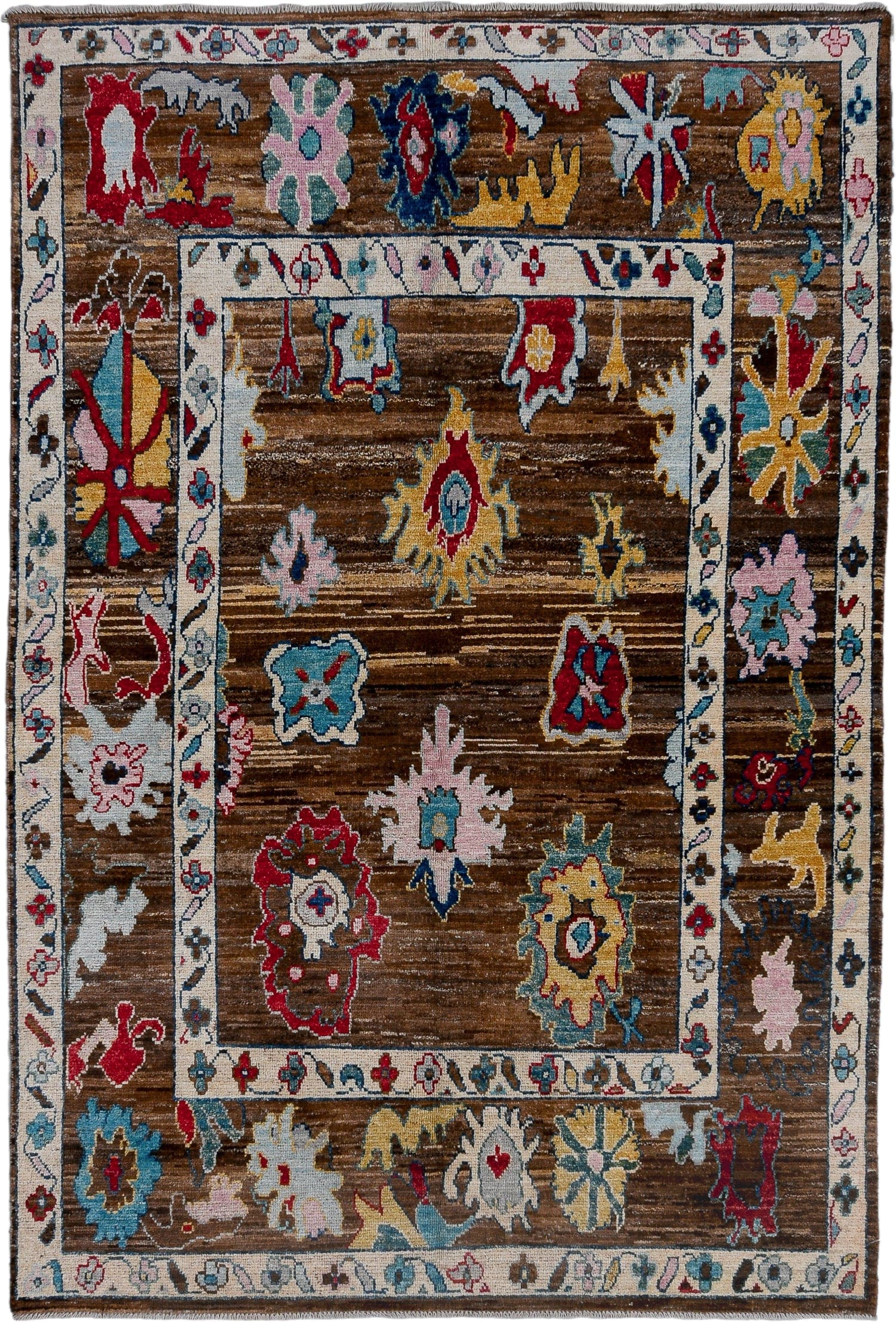 5' x 7' one-of-a-kind handmade vintage Afghan medium size rug. Color palette: brown, ivory, sky blue, crimson, gold, blush