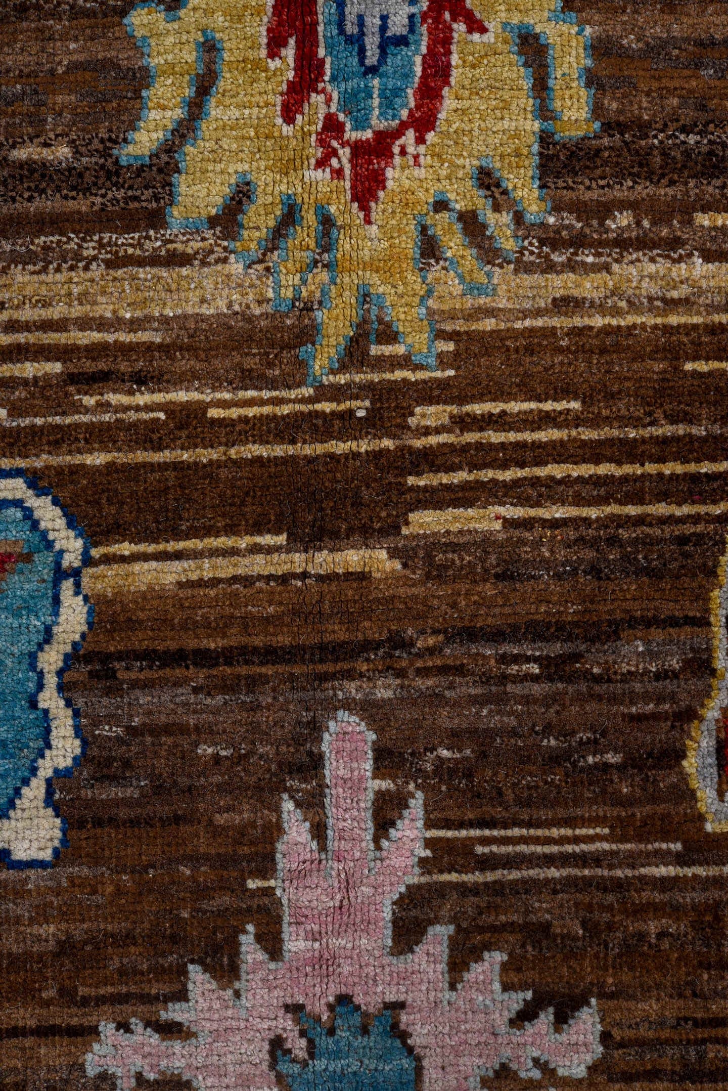 5' x 7' one-of-a-kind handmade vintage Afghan medium size rug. Color palette: brown, ivory, sky blue, crimson, gold, blush