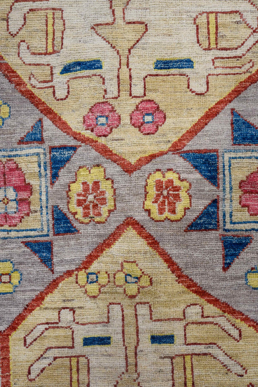 10' x 14' one-of-a-kind handmade vintage Afghan large size rug. Color palette: blue, ivory, rose, gold, red, gray, navy