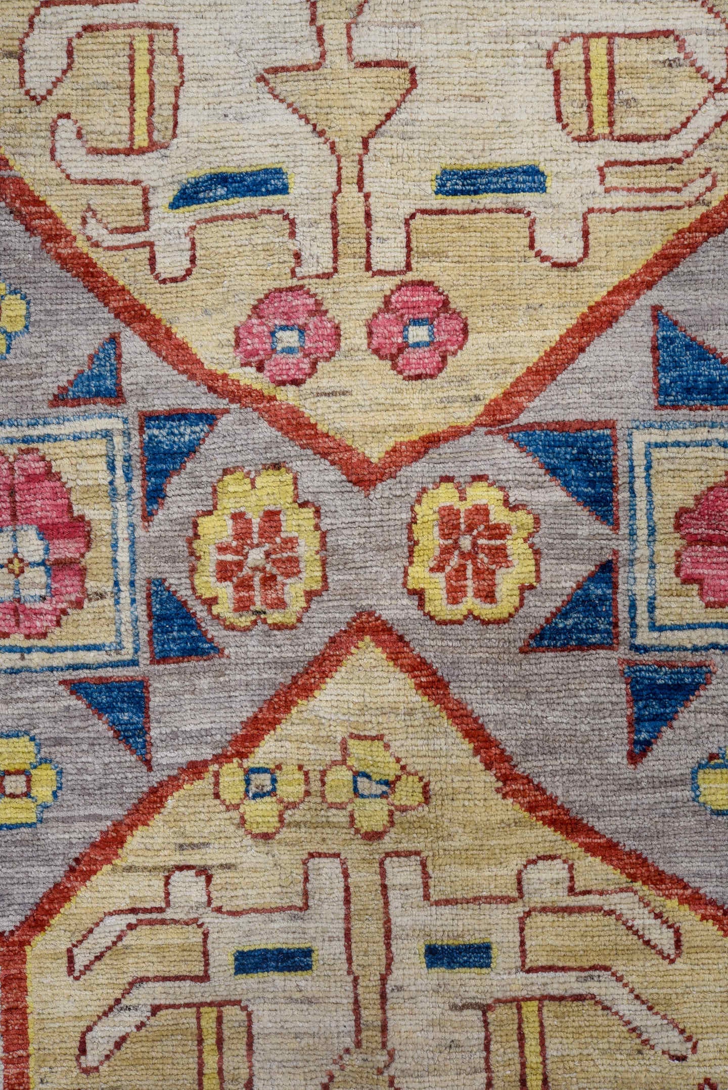 10' x 14' one-of-a-kind handmade vintage Afghan large size rug. Color palette: blue, ivory, rose, gold, red, gray, navy